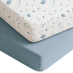 Konssy muslin crib sheets star blue pattern for breathable baby sleep