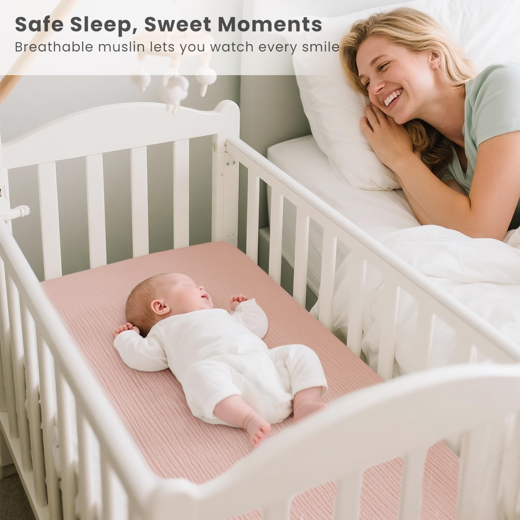 Konssy muslin fitted bassinet sheet hourglass fit stays secure during restless night sleep.