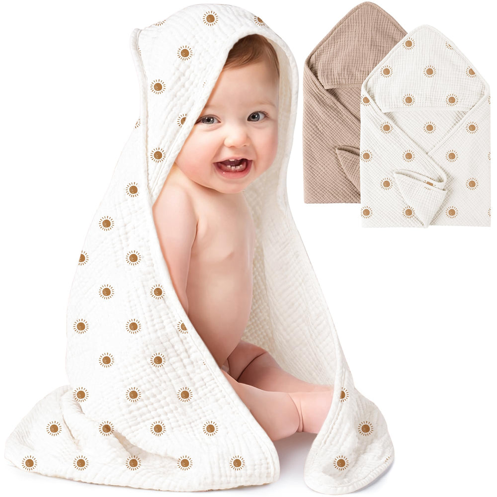 Konssy muslin hooded baby towel camel, soft and plush for delicate skin.