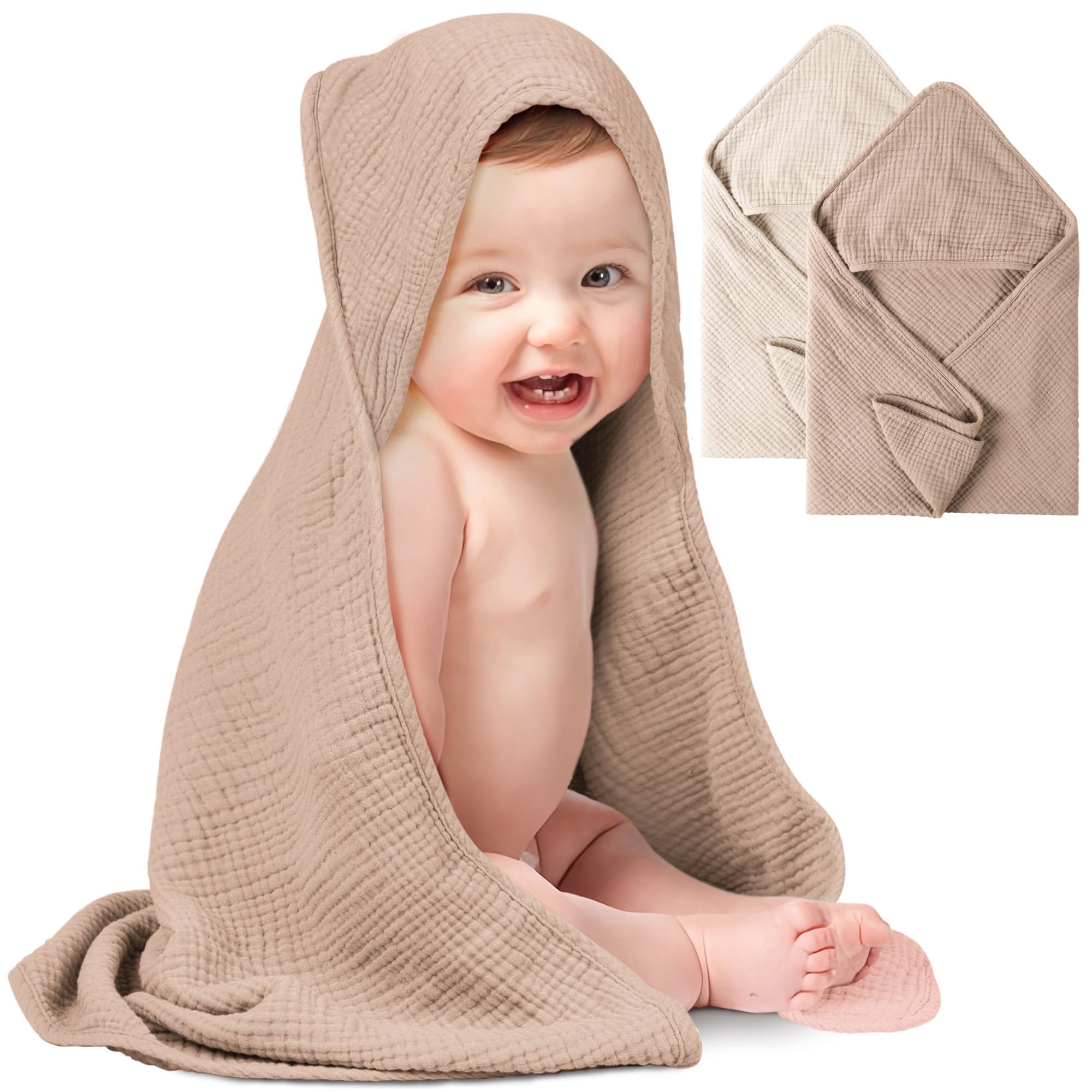 Konssy muslin hooded towel in cream with soft absorbent cotton for gentle newborn drying.