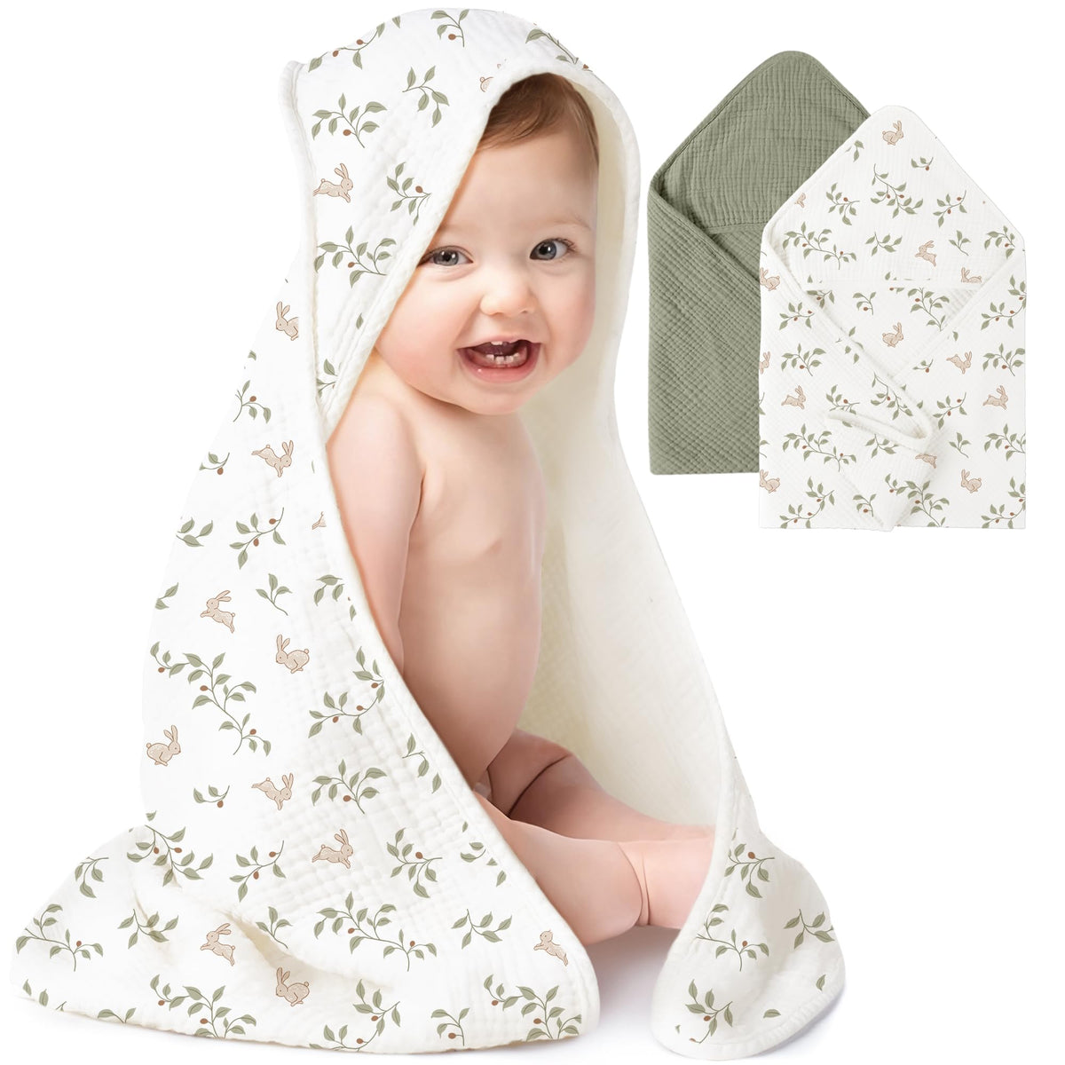Konssy muslin hooded baby towel in forest green, ultra-soft cotton for gentle newborn drying.