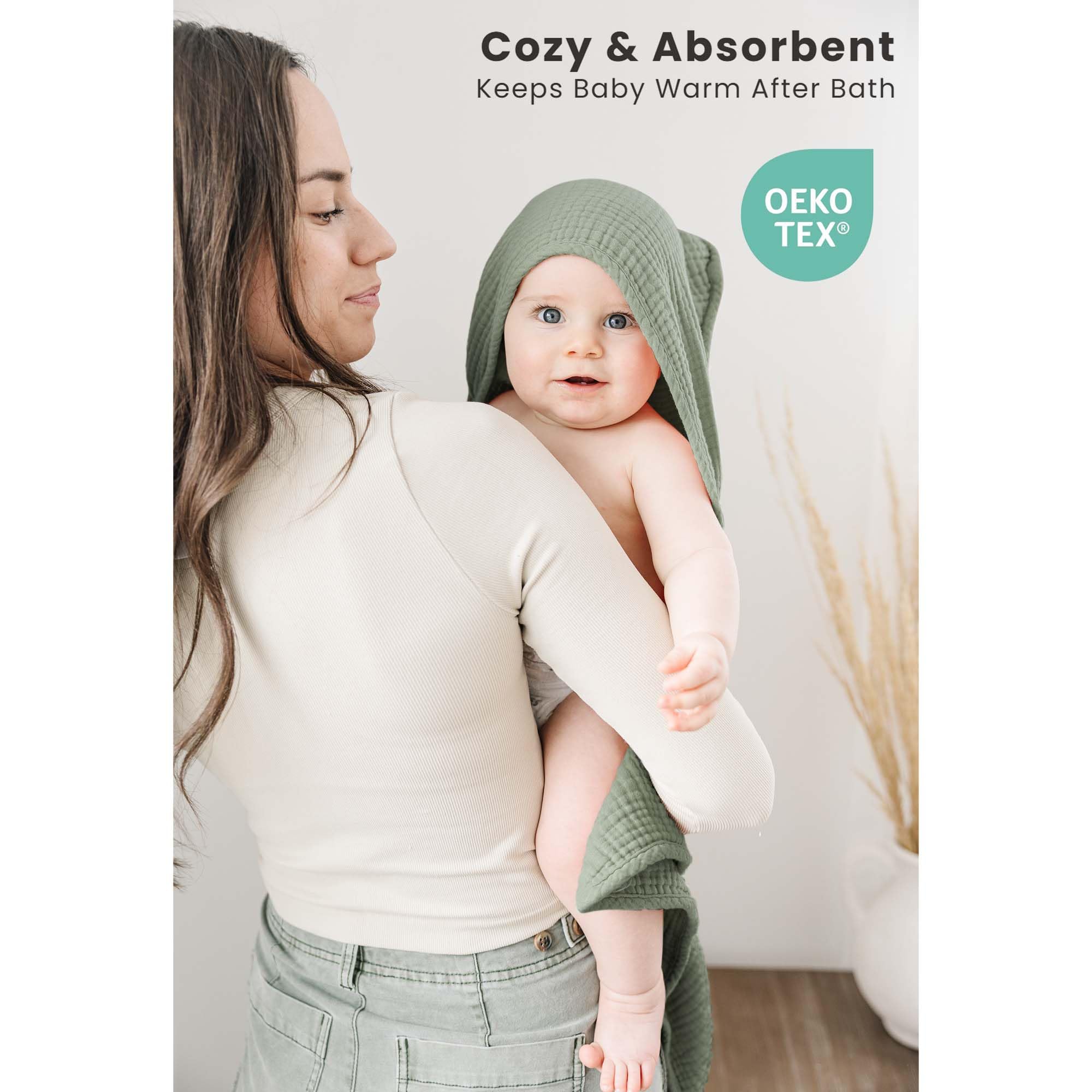 Konssy muslin hooded baby towel in sprout, highly absorbent and quick-drying for bath time.