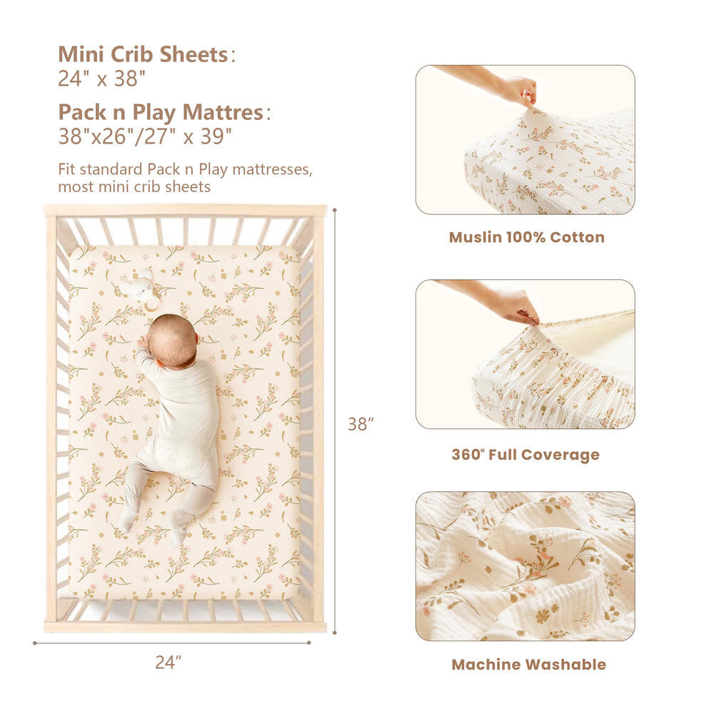 Konssy Muslin Mini Crib Sheets 38x24 fit on pack n play mattress for secure sleep