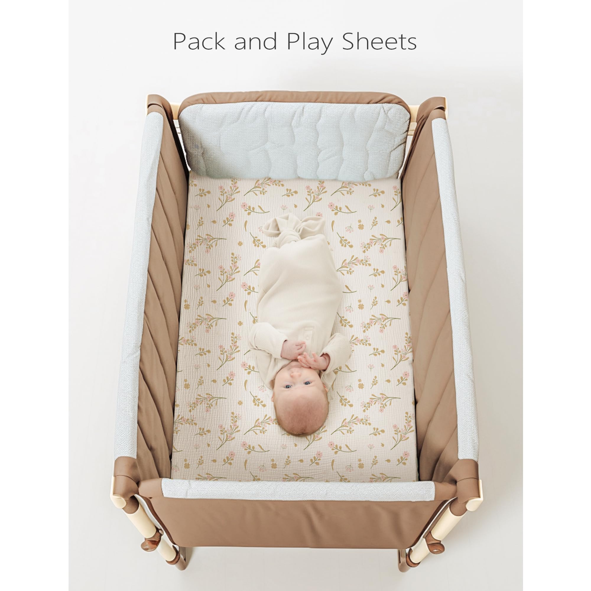 Konssy Muslin Mini Crib Sheets pack n play setup for easy care