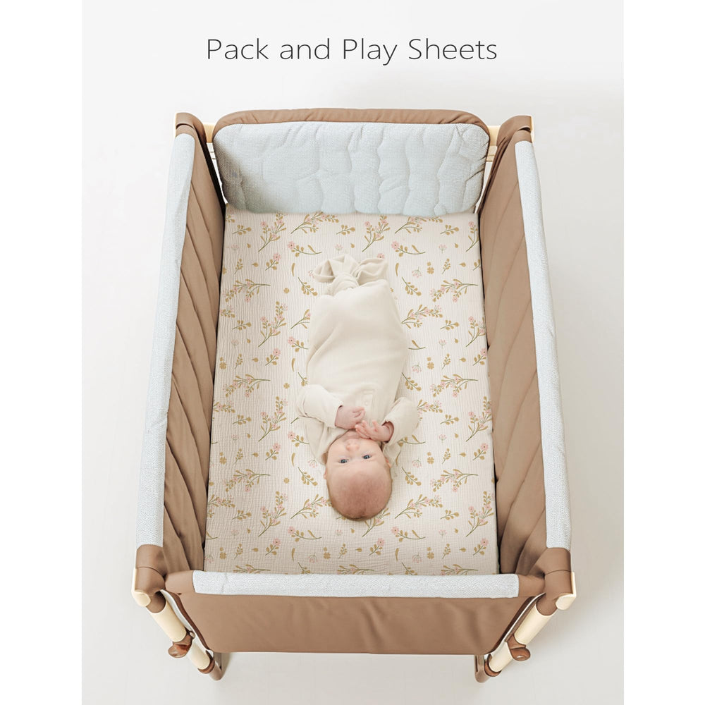 Konssy Muslin Mini Crib Sheets pack n play setup for easy care