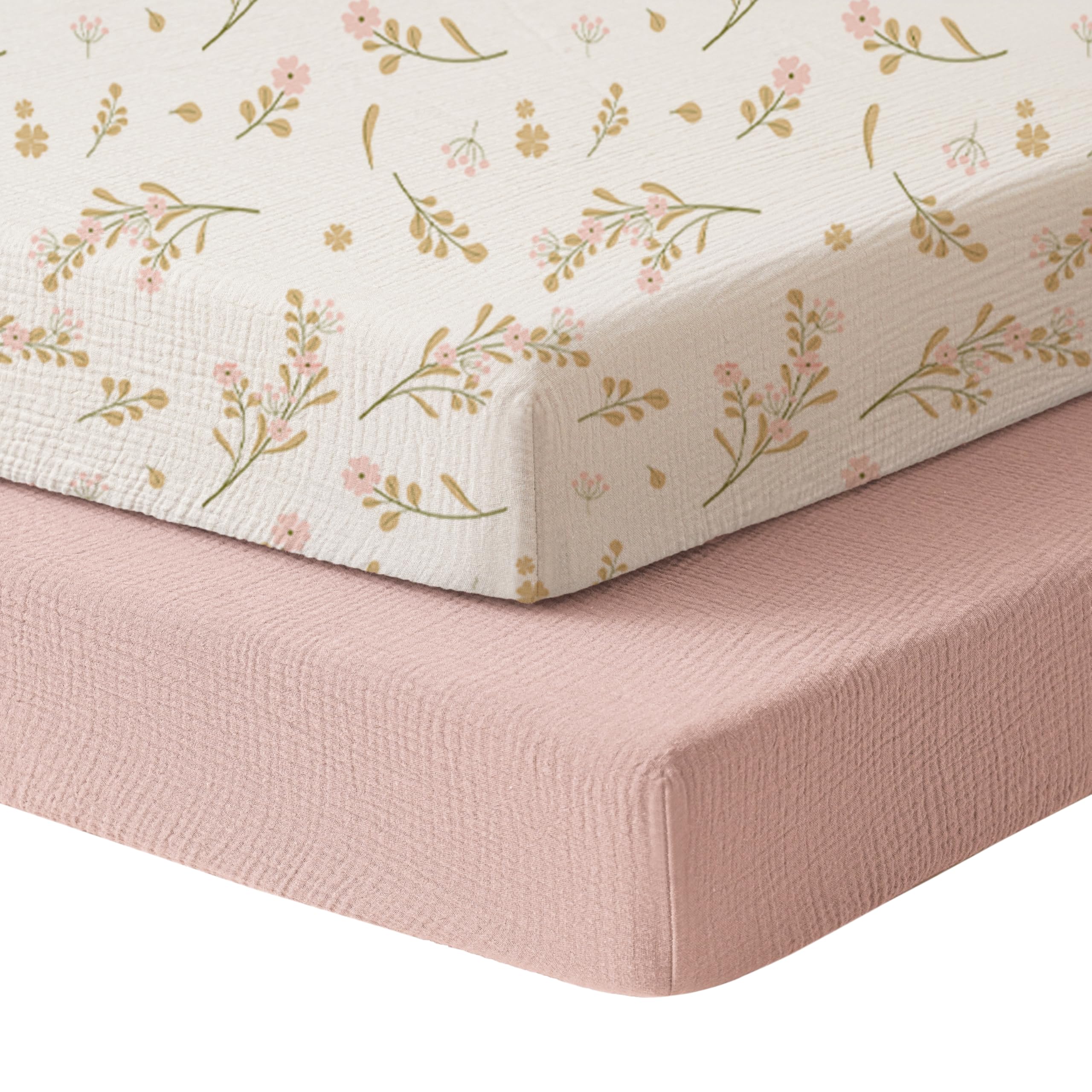 Konssy Muslin Mini Crib Sheets soft cotton close-up highlighting breathable fabric for gentle naps