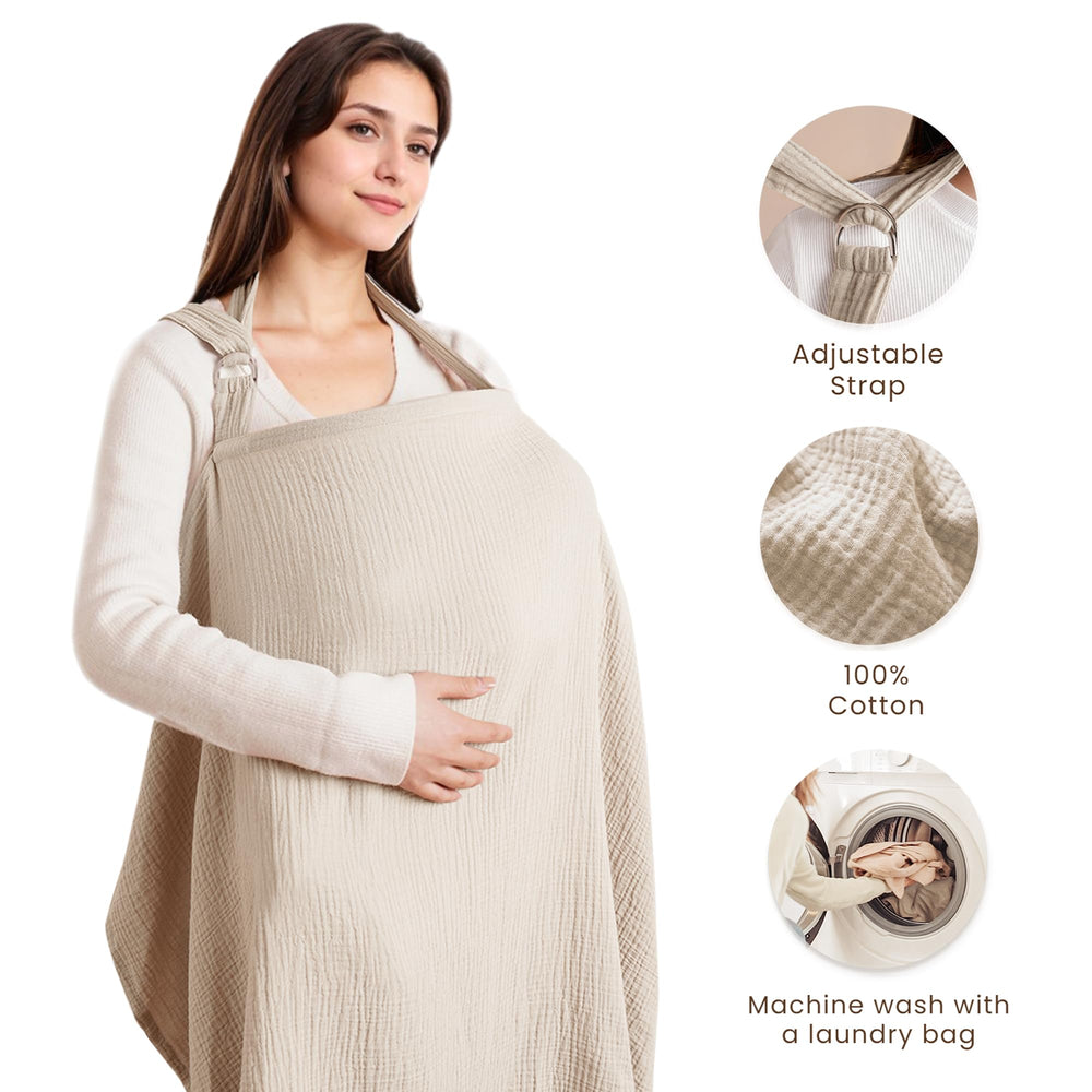 Konssy nursing cover with rigid hoop ensures baby contact and airflow.