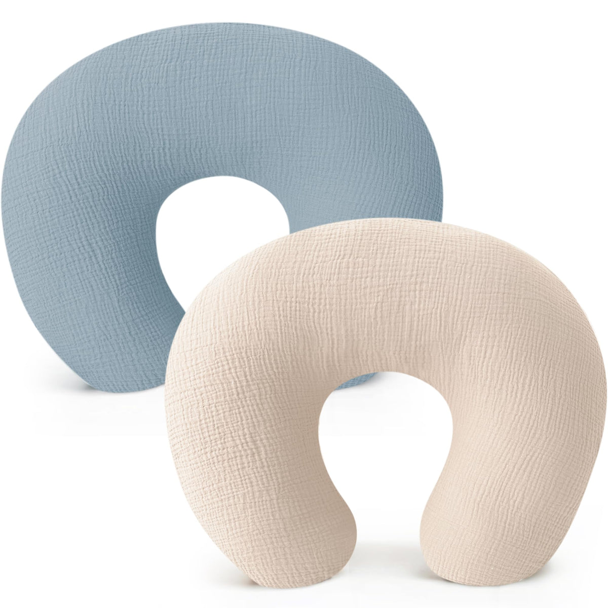 Konssy muslin nursing pillow cover in blue and cream; two-pack versatility for daily use.