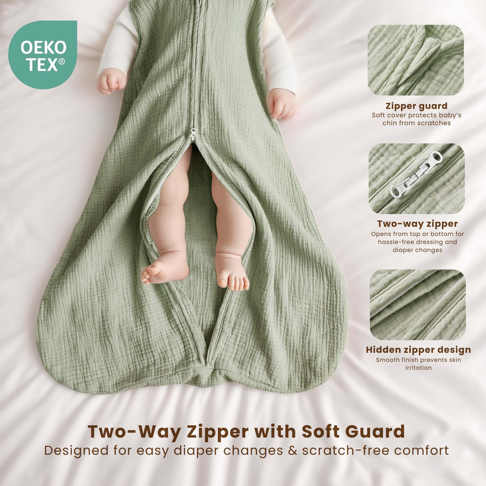 Konssy sleep sack with two-way zipper for easy diaper changes