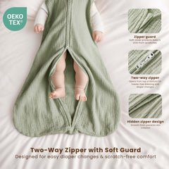 Konssy sleep sack with two-way zipper for easy diaper changes