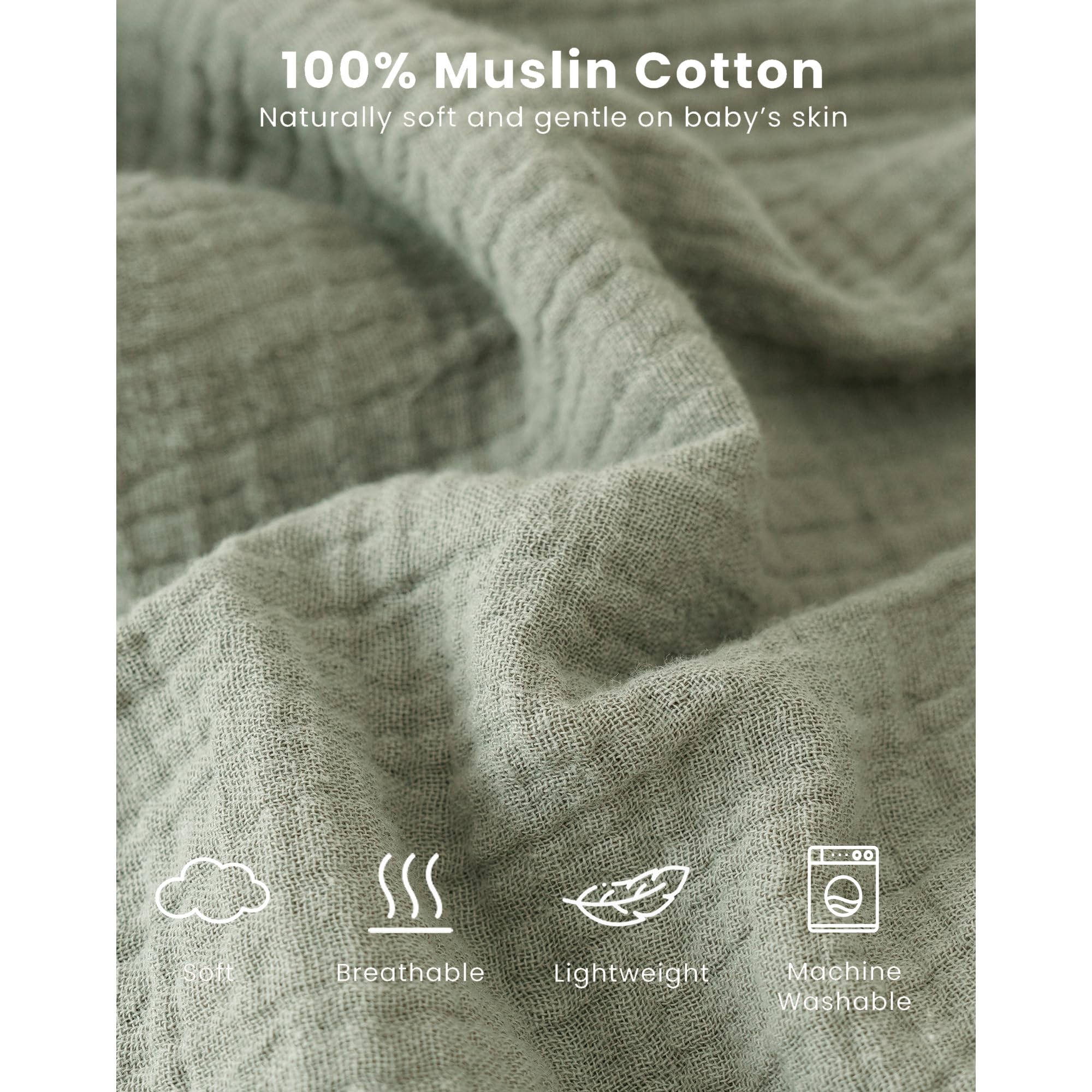 Konssy Muslin Sleep Sack Fog Green, lightweight warmth for naps and evenings.