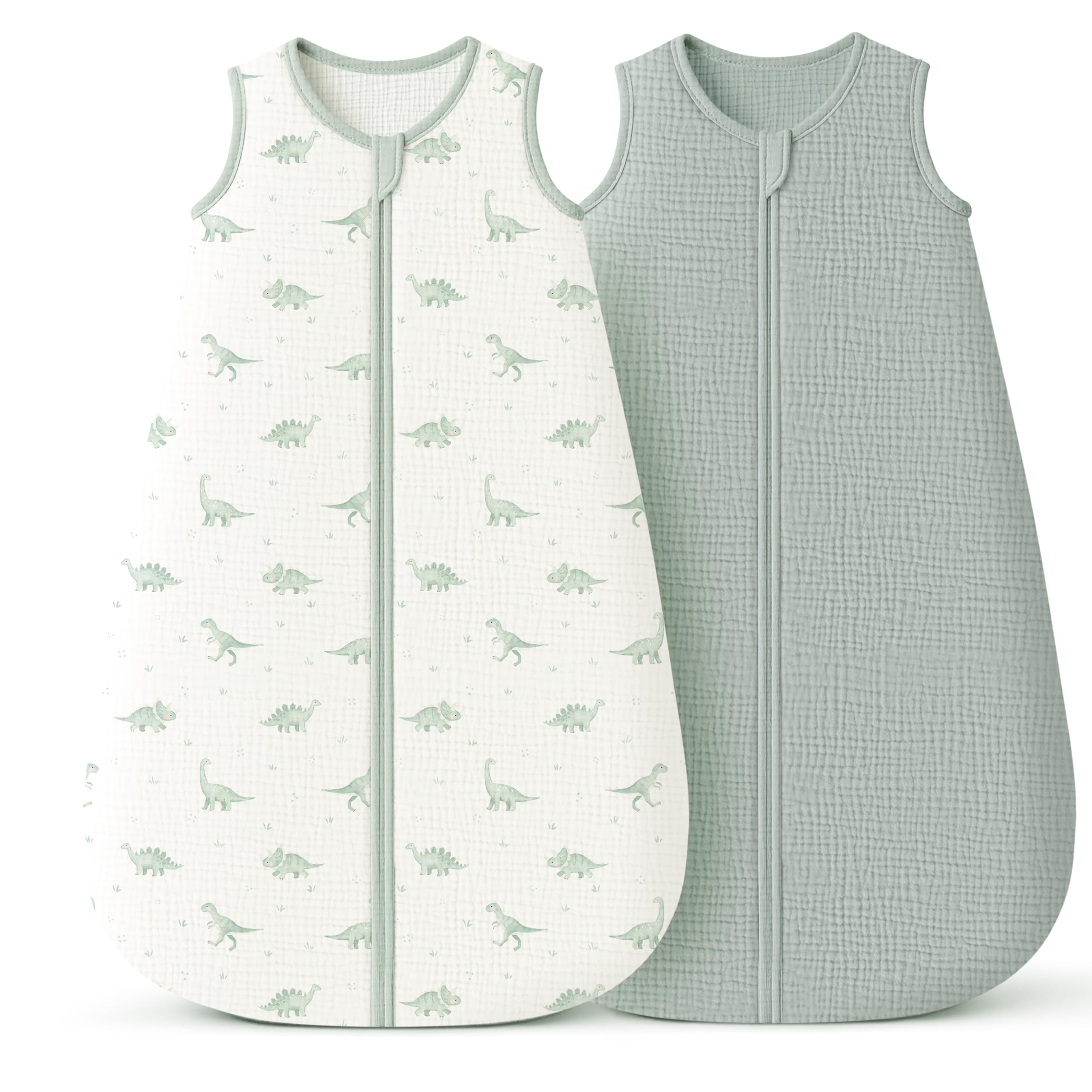 Konssy sleep sack green dino, front view, breathable double-layer warmth for naps