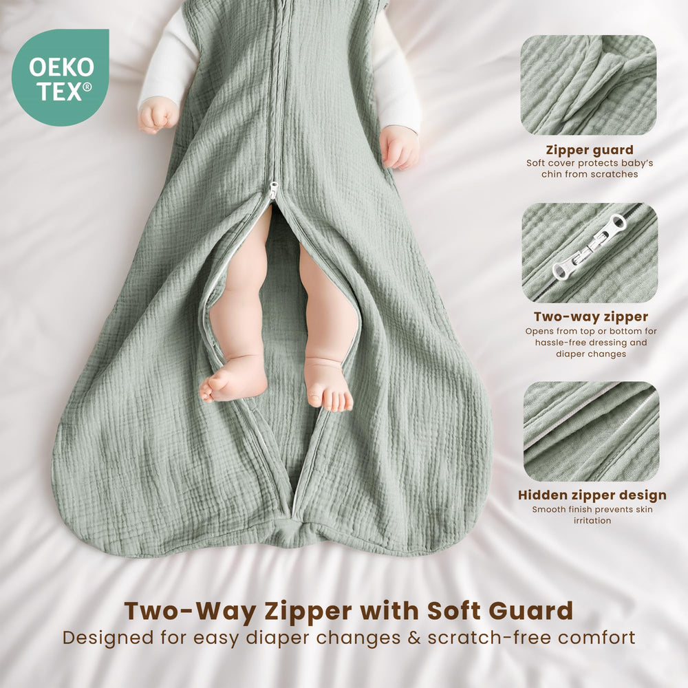 Konssy sleep sack two-way zipper closeup, guard protects delicate skin