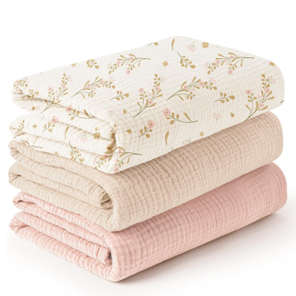 Konssy 3-pack muslin swaddle blankets, breathable comfort for newborns.