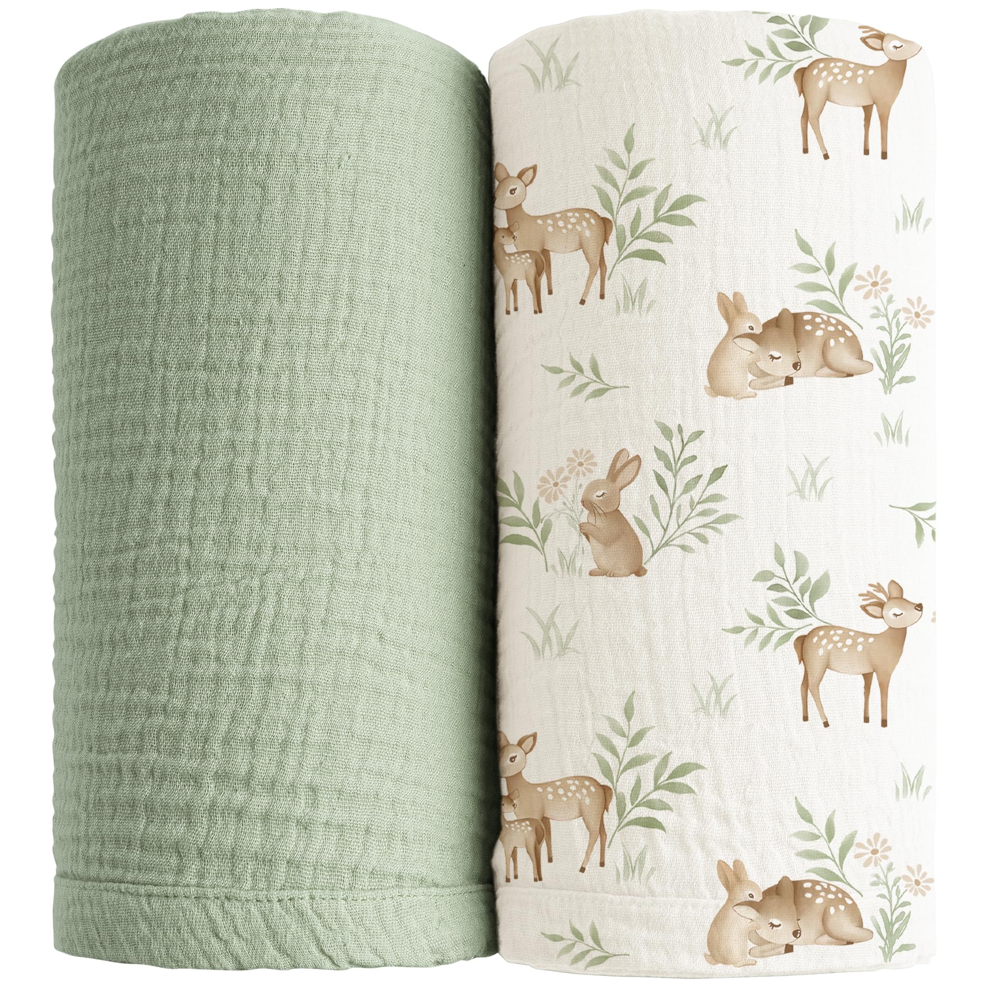 Konssy Muslin Swaddle Woodland Sage blanket 47x47 shows breathable cotton for gentle snuggling.