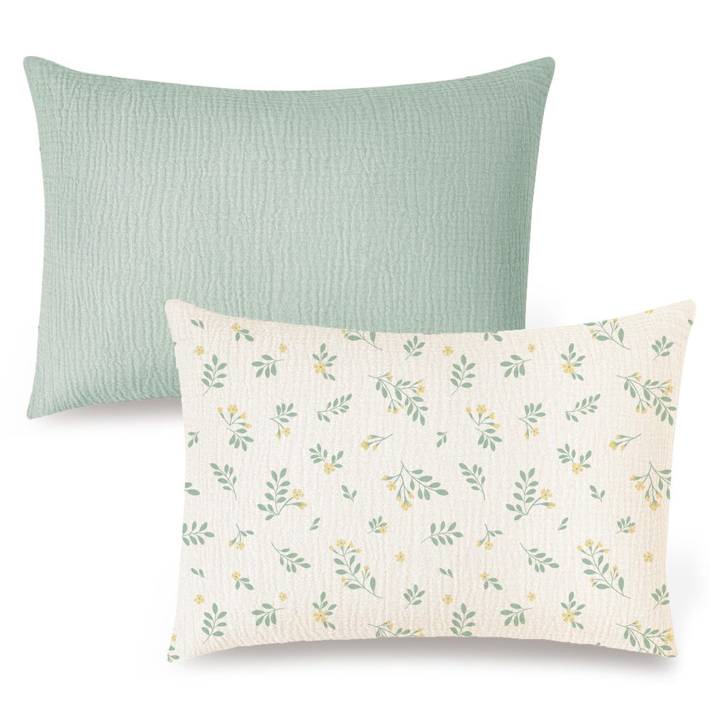 Konssy muslin toddler pillowcase in leafy-green pattern for gentle bedtime comfort