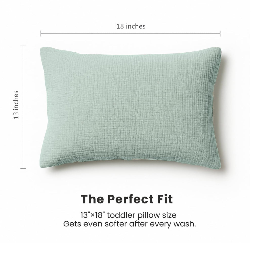 Pillowcase from Konssy shown on crib or toddler bed for versatile use