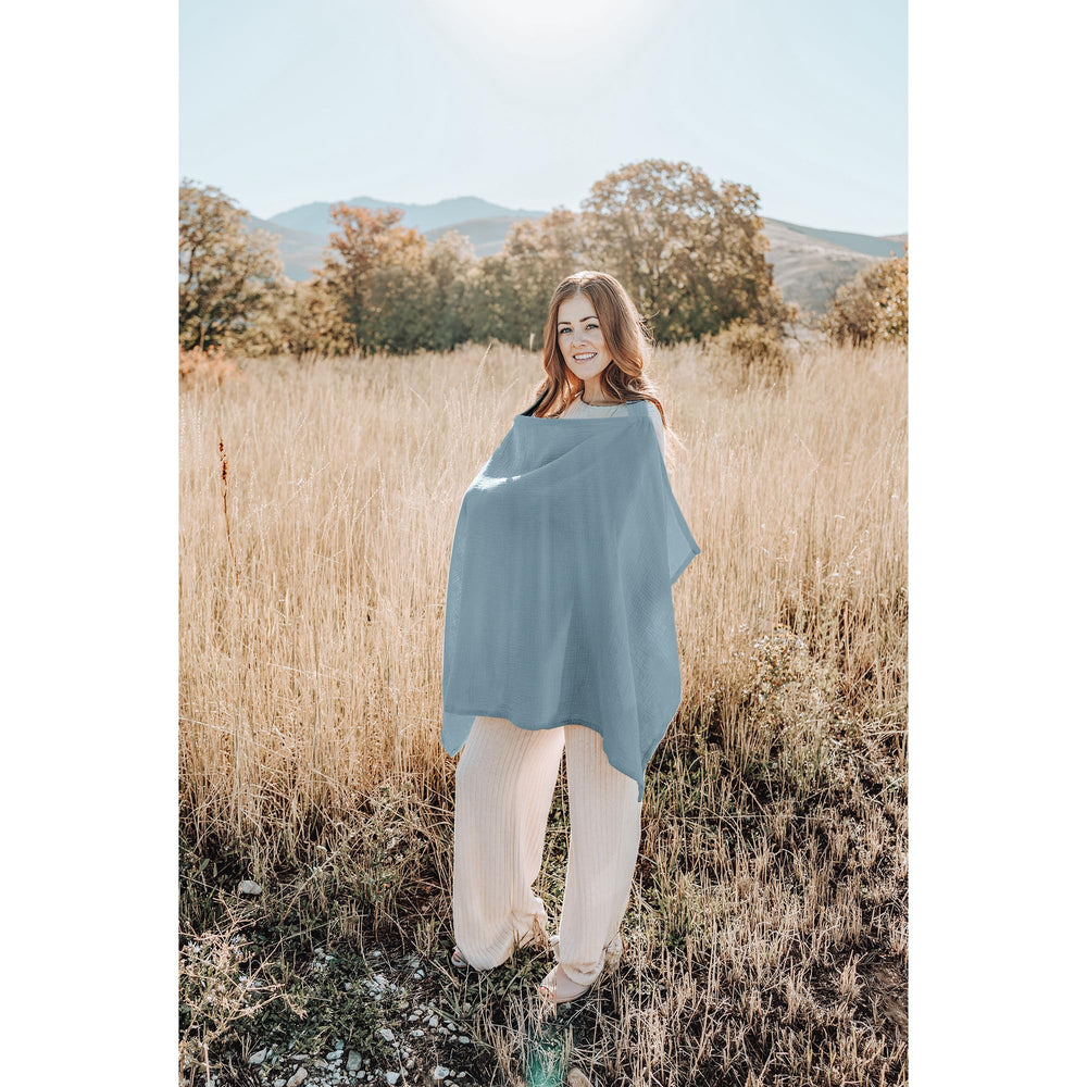 Konssy blue nursing cover offers a chic, versatile look.
