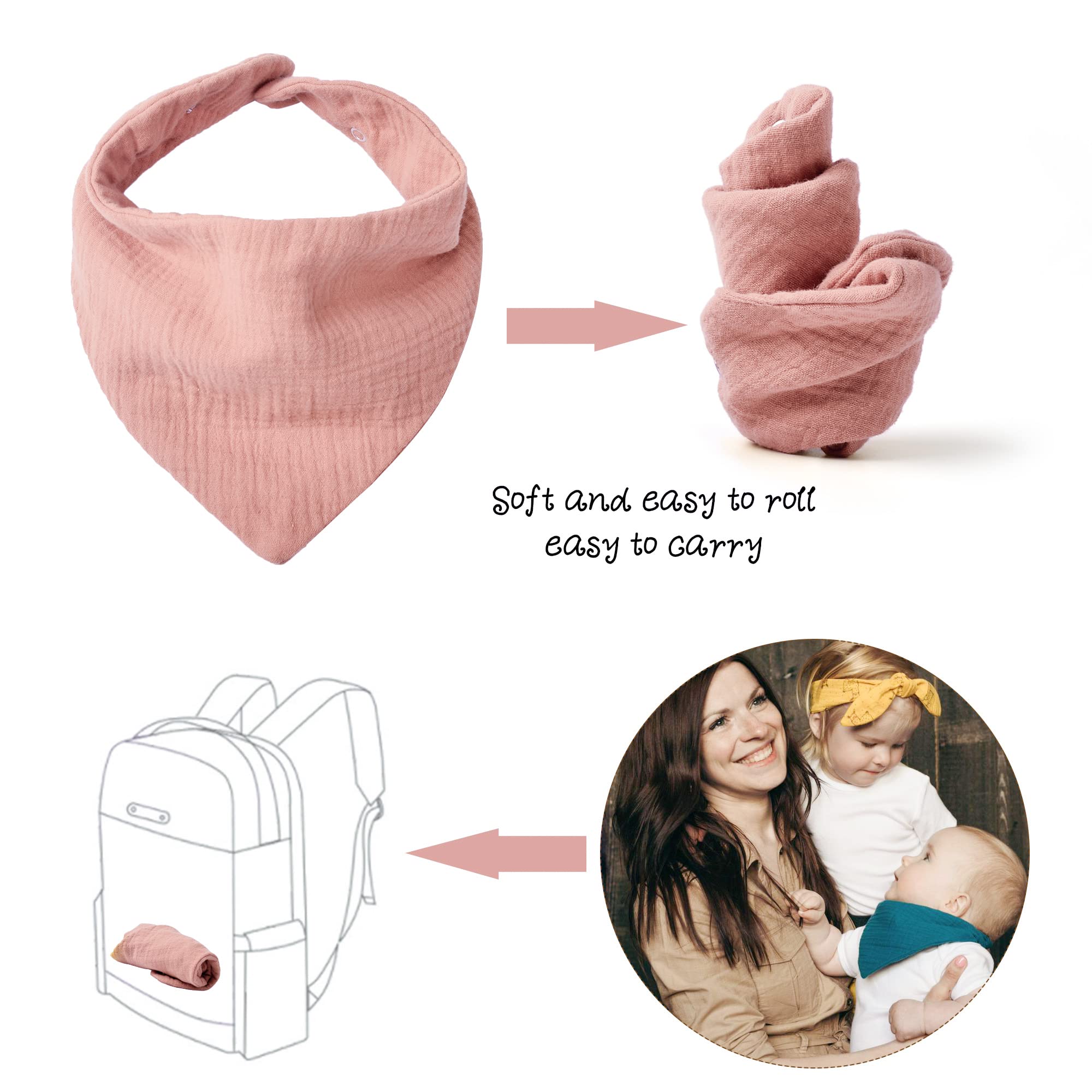 Machine washable bibs simplify cleanup after spills and drool.