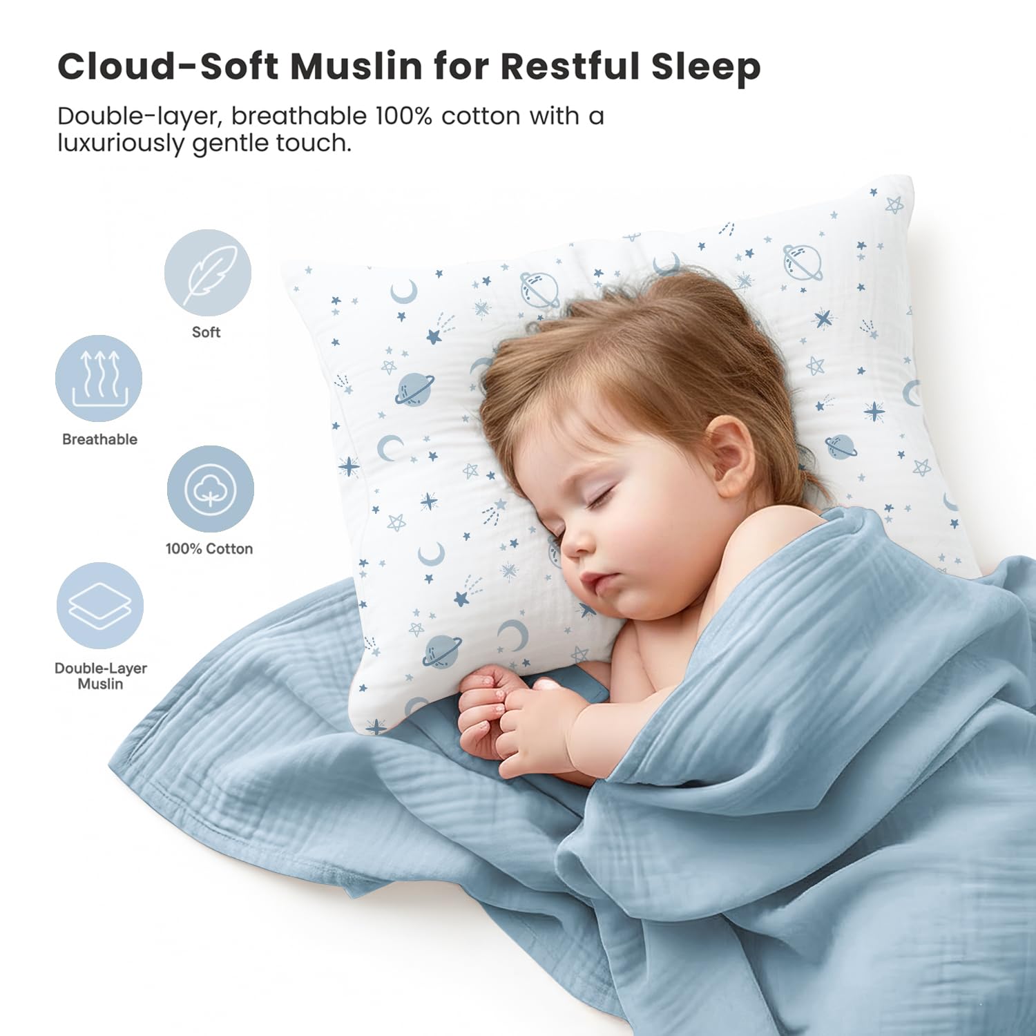 Close-up of the soft cotton texture on Konssy toddler pillowcase