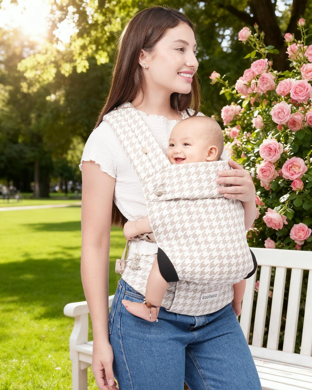Koohaoo baby carrier in breathable cotton fabric keeps wearer cool