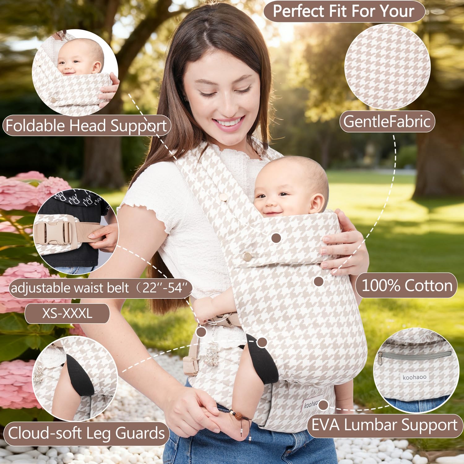 Koohaoo baby carrier shows extended lumbar support for balance