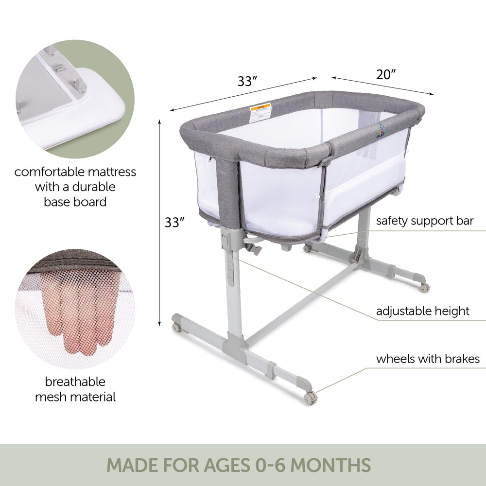KoolerThings grey fabric bassinet with breathable mesh design.