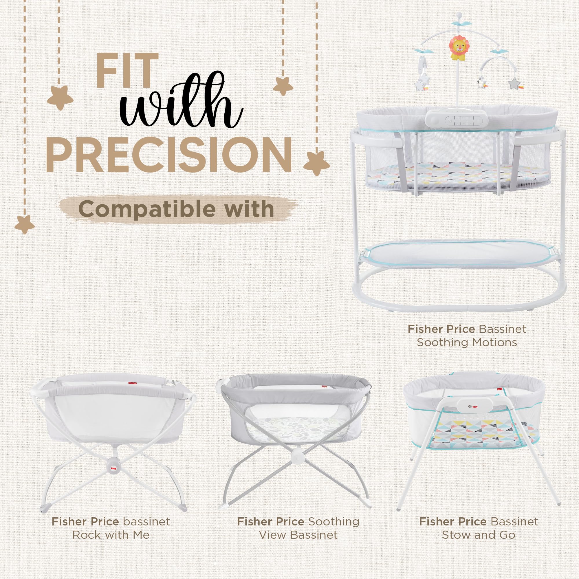 KoolerThings bassinet sheets with universal fit for Fisher Price models and beyond.