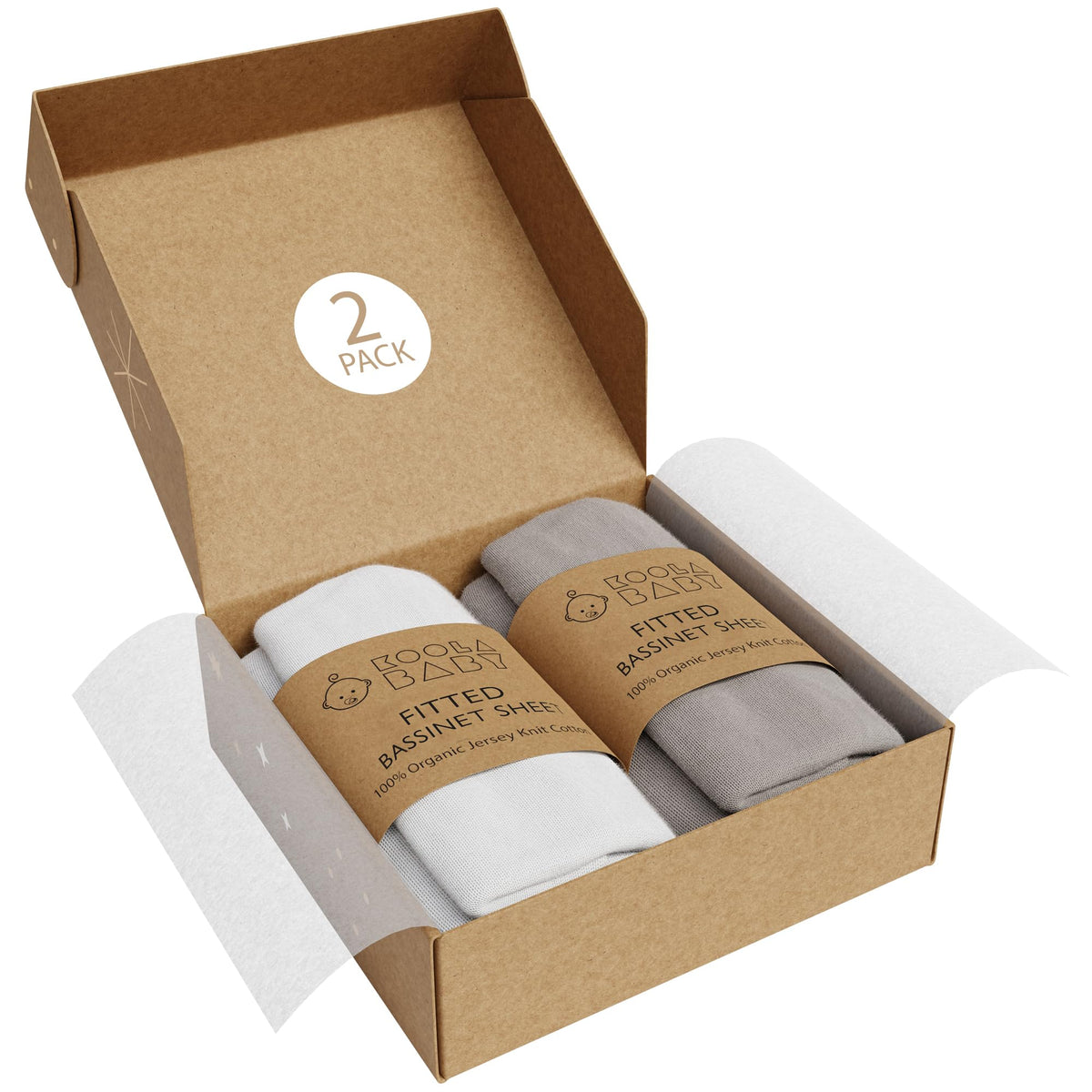 KoolerThings bassinet sheets in white and grey offer organic cotton softness for cozy naps.