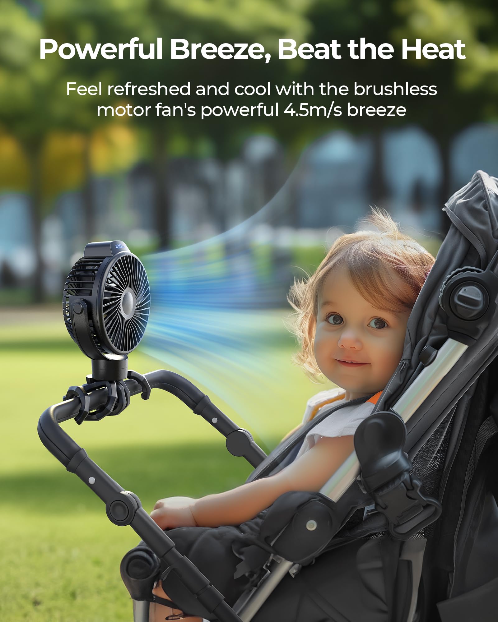 Koonie stroller fan features a silicone tripod for safe stroller mounting.