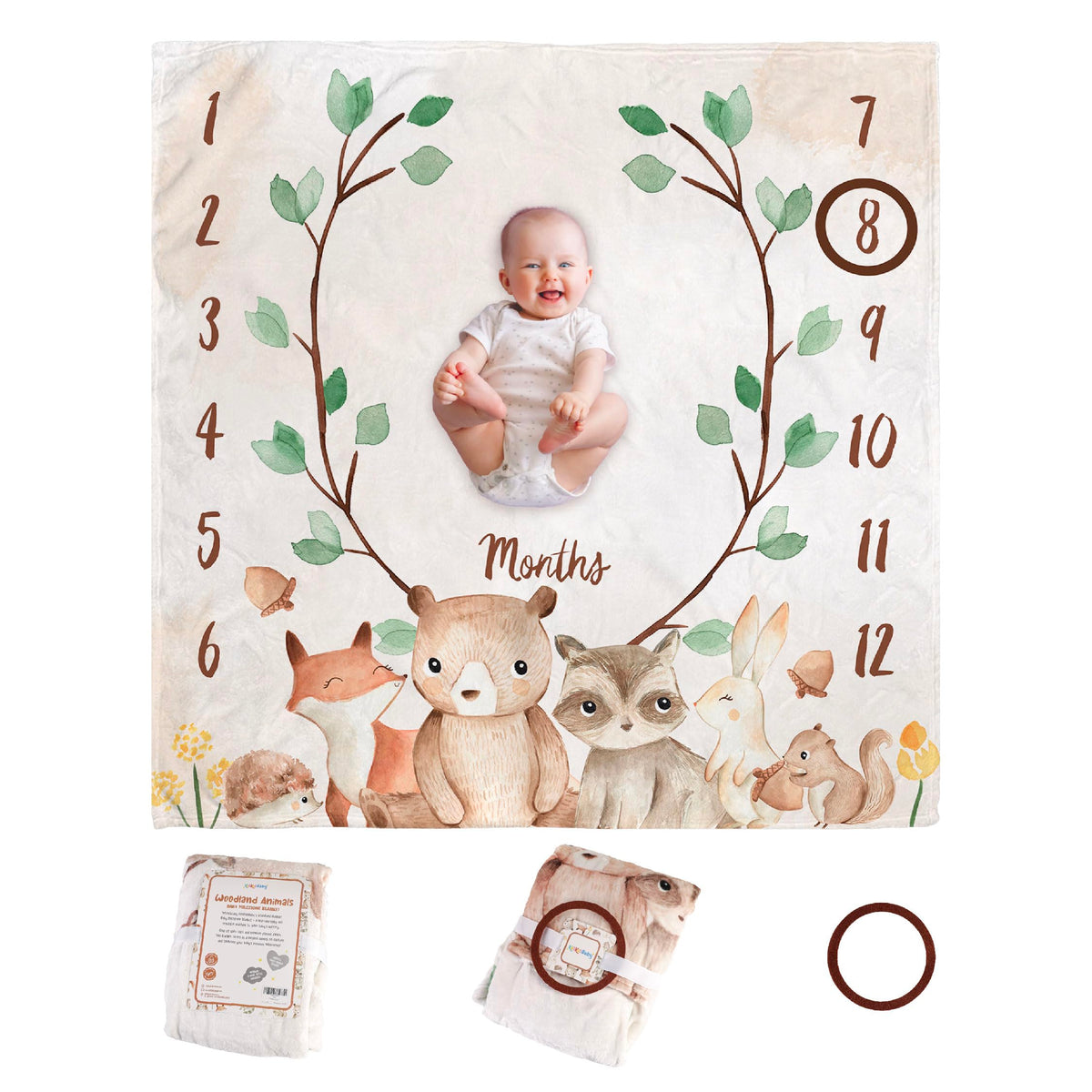 KooKooBaby milestone blanket with woodland animals for cozy baby photo sessions.