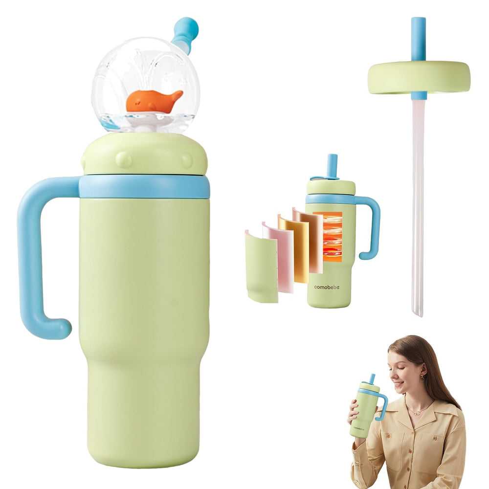 KoovDem stainless steel whale fountain tumbler with handle keeps drinks cool for on-the-go kids.