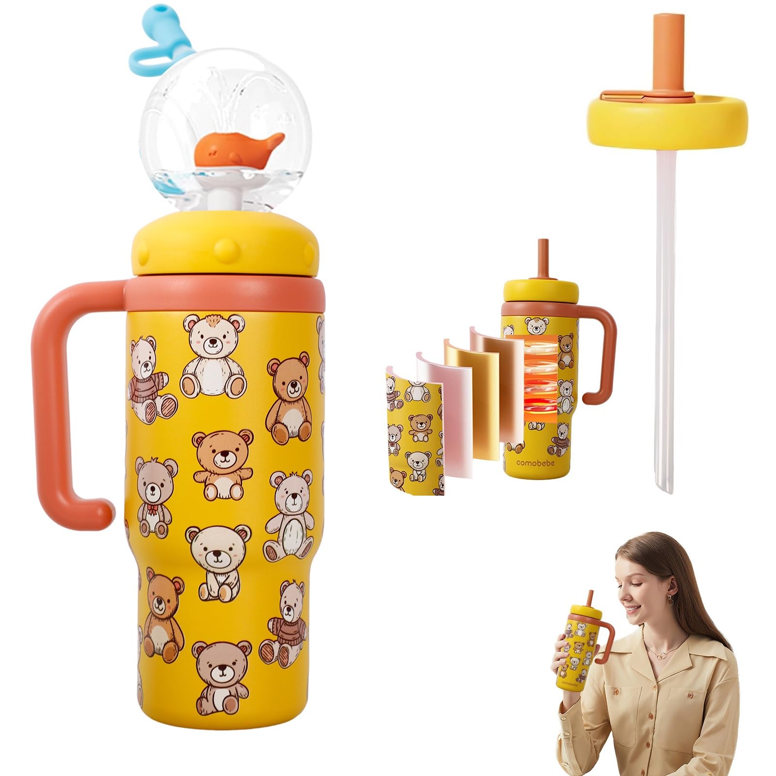 KoovDem whale fountain tumbler with handle, easy grip for kids and adults.
