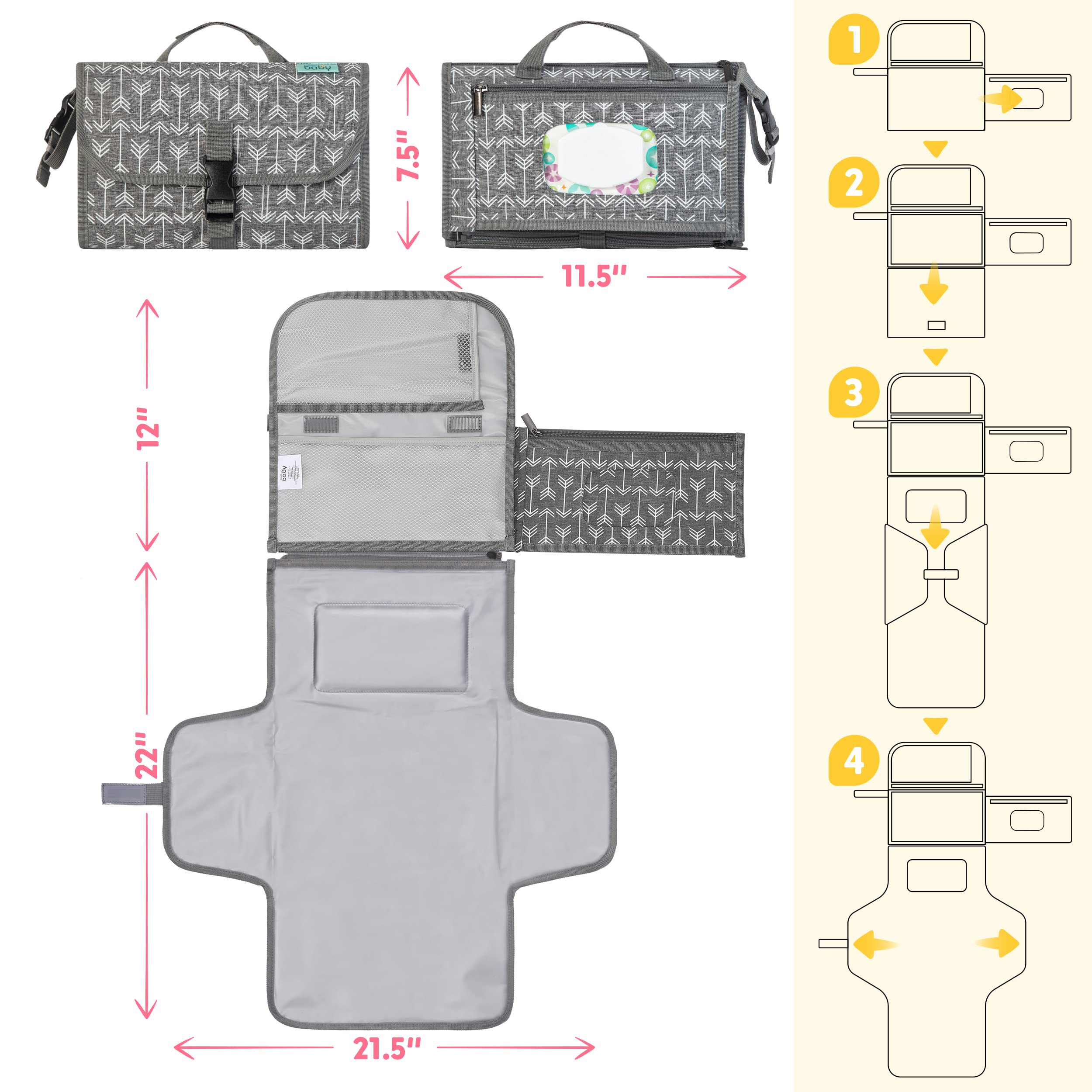 Kopi Baby built-in pillow supports comfortable diaper changes anywhere.