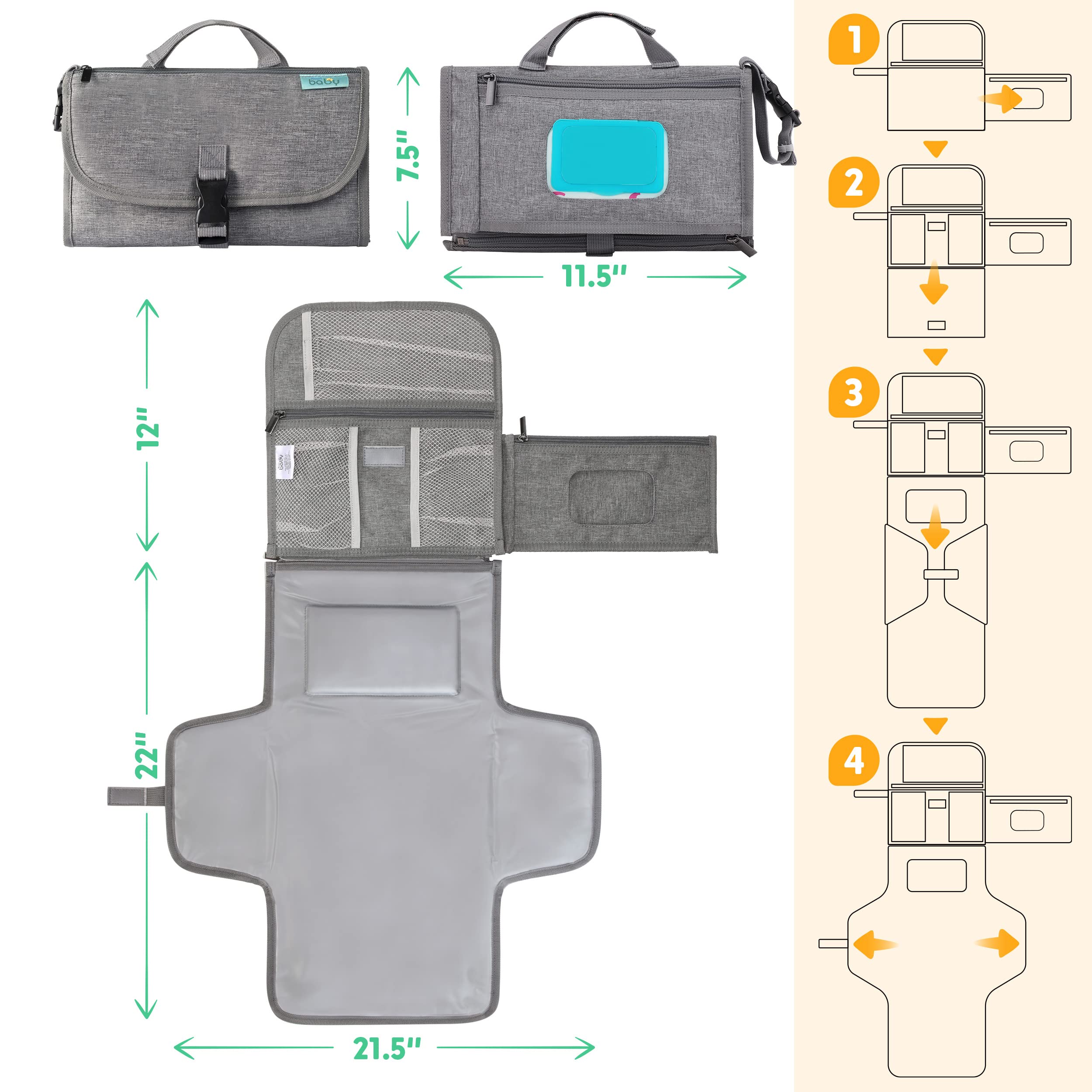 Kopi Baby changing pad with stroller attachment for hands-free on-the-go use.