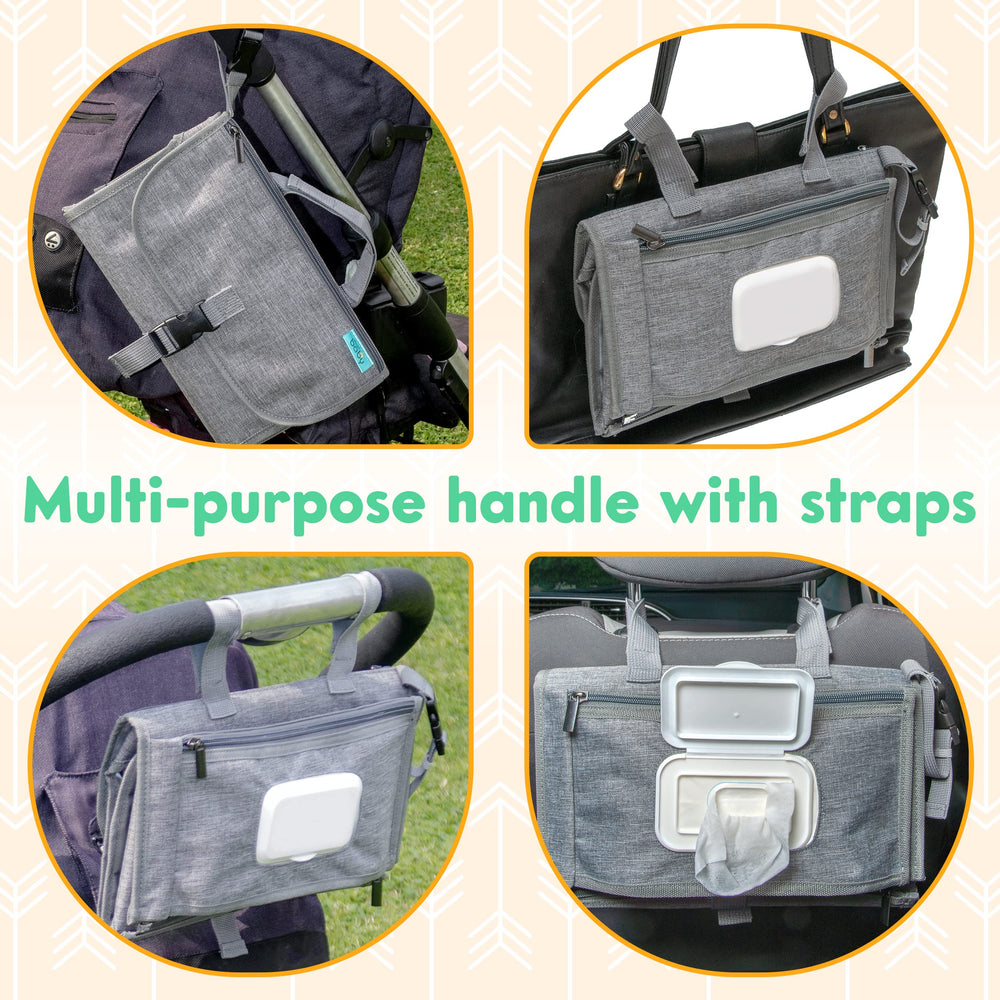 Kopi Baby portable changing pad with wipes pocket for easy access during outings.