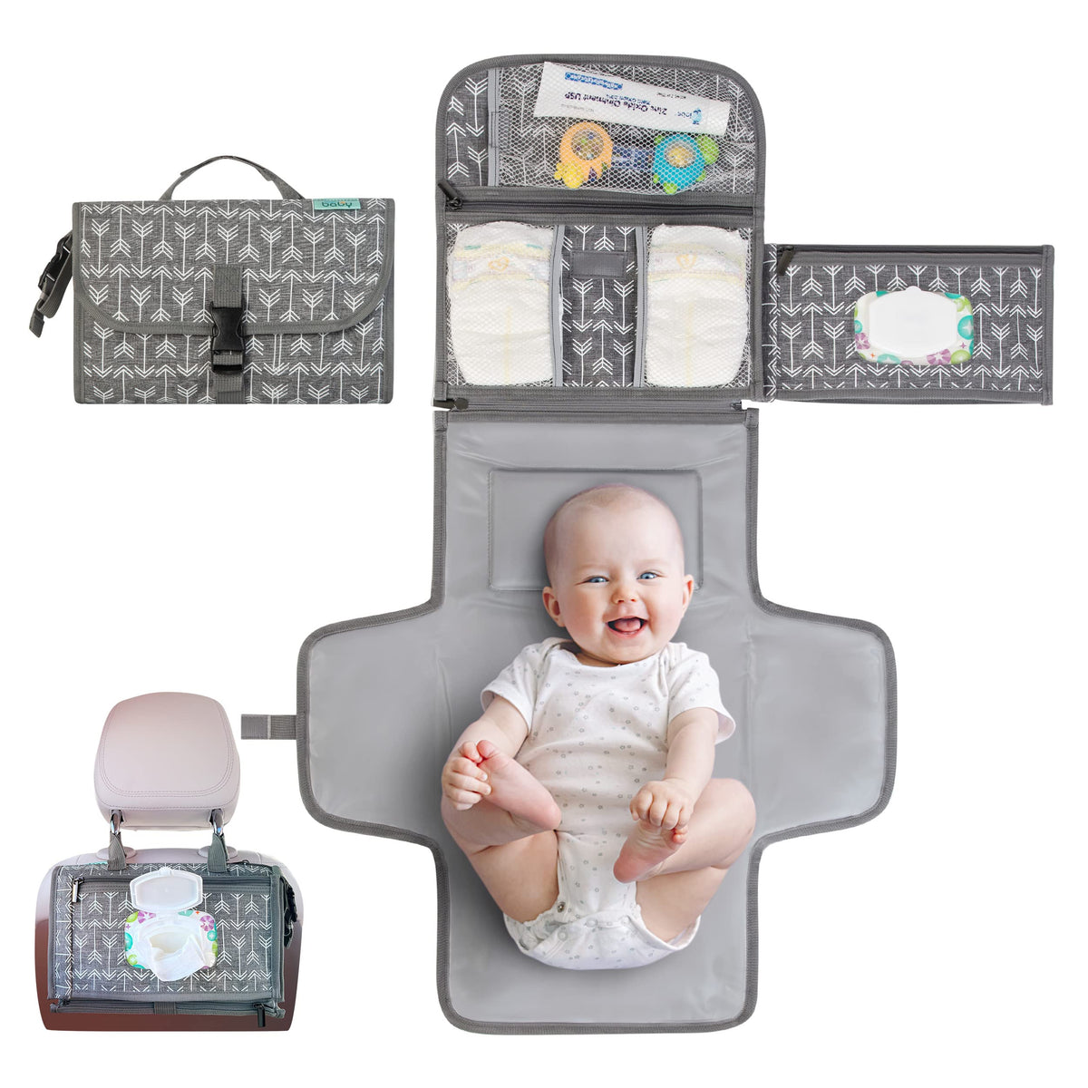 Kopi Baby portable changing pad open showing built-in pillow for on-the-go changes