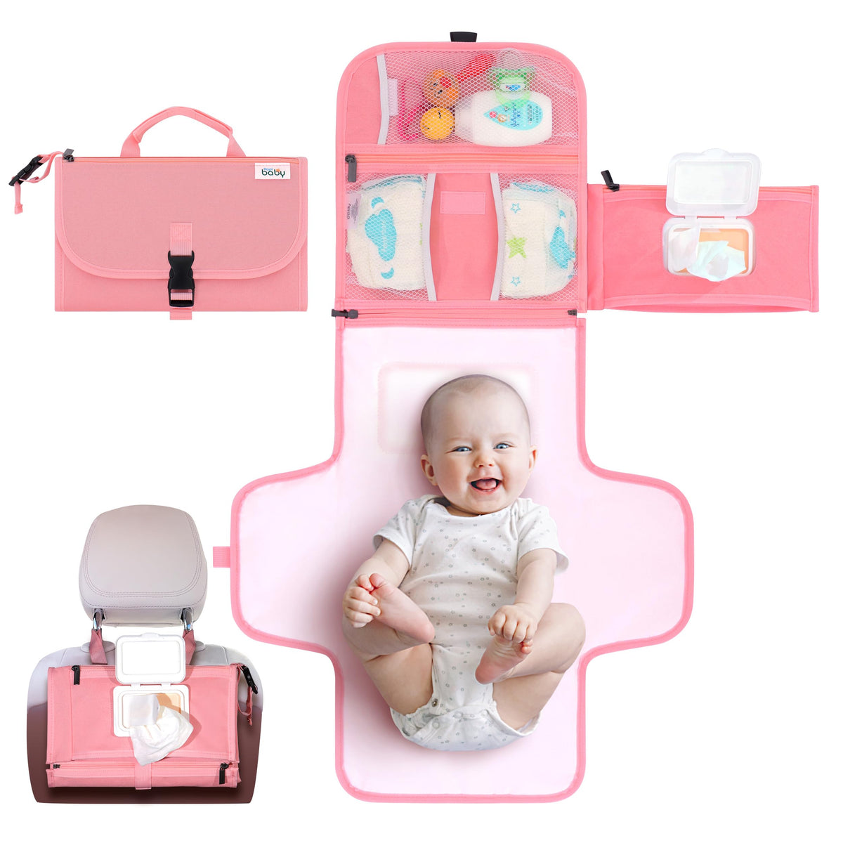 Kopi Baby portable diaper changing pad pink front view ideal for on-the-go diaper changes