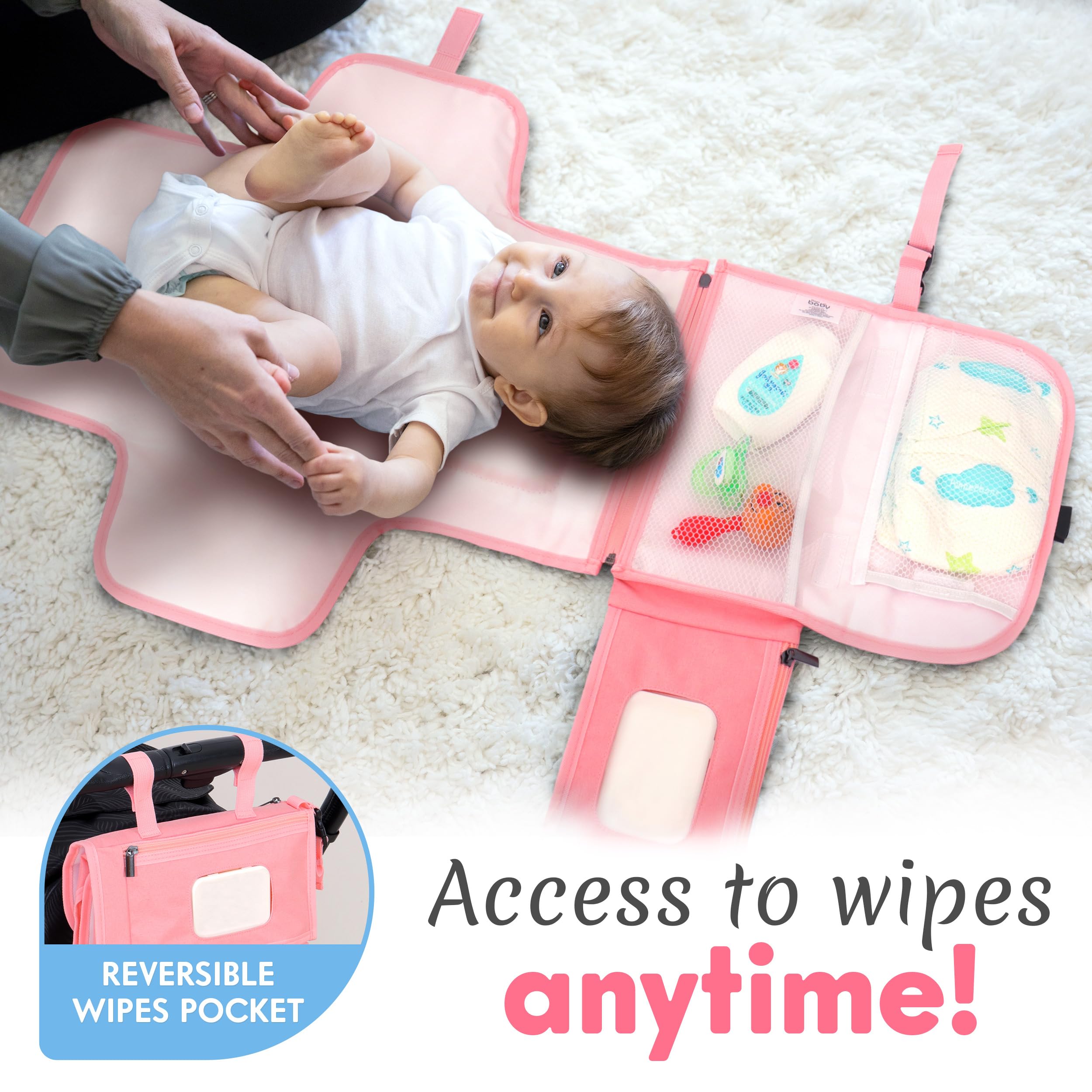 Kopi Baby changing pad attaches to a stroller with Velcro straps for hands-free travel.