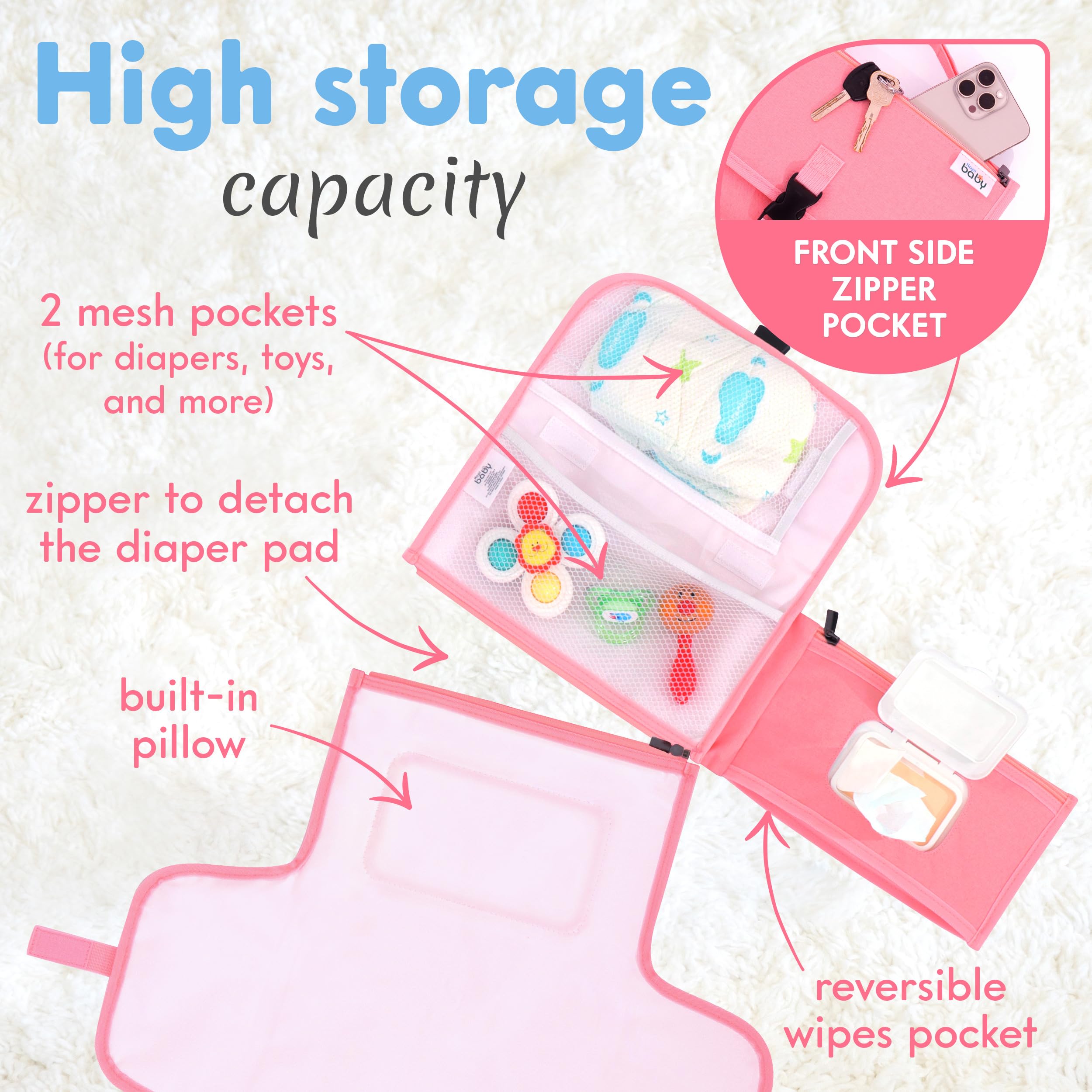 Kopi Baby travel changing bag highlights a front pocket for quick access to essentials.