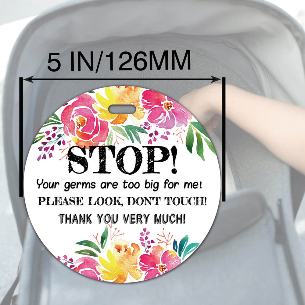 KORTTITALO no-touch sign hanging on a baby carrier to politely remind.