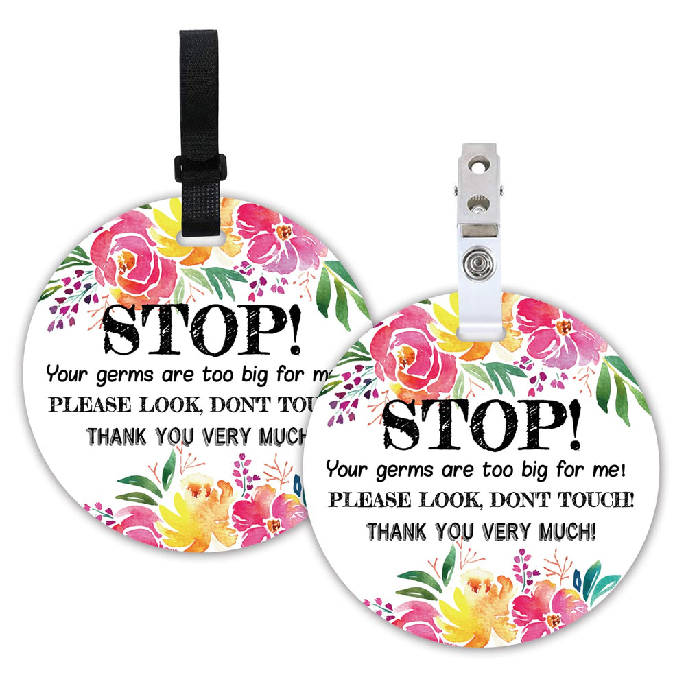 KORTTITALO stop-no-touch sign with flower design attached to stroller handle for gentle reminder.