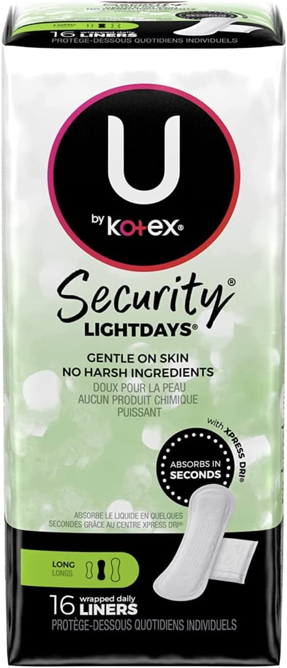 Kotex Natural Balance liner packaging side view highlighting long length and value.