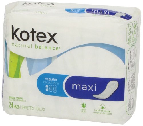 Kotex Regular Maxi Pads 24 ct compact wrap ensures discreet storage.