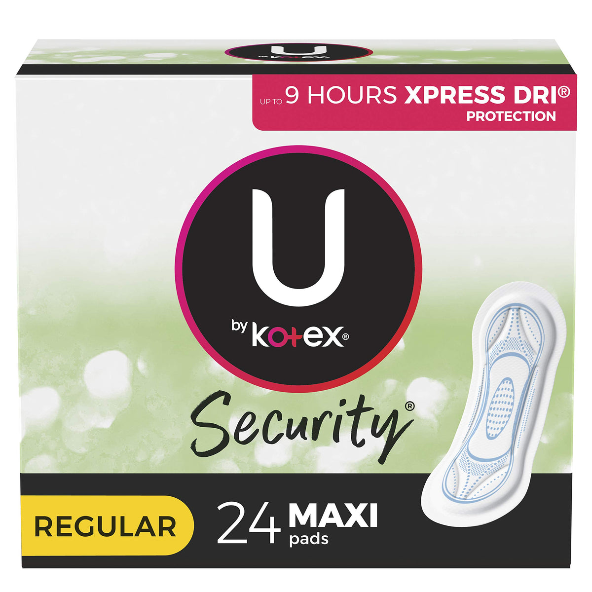 Kotex Regular Maxi Pads 24 ct pack front shows trusted protection for daily wear.