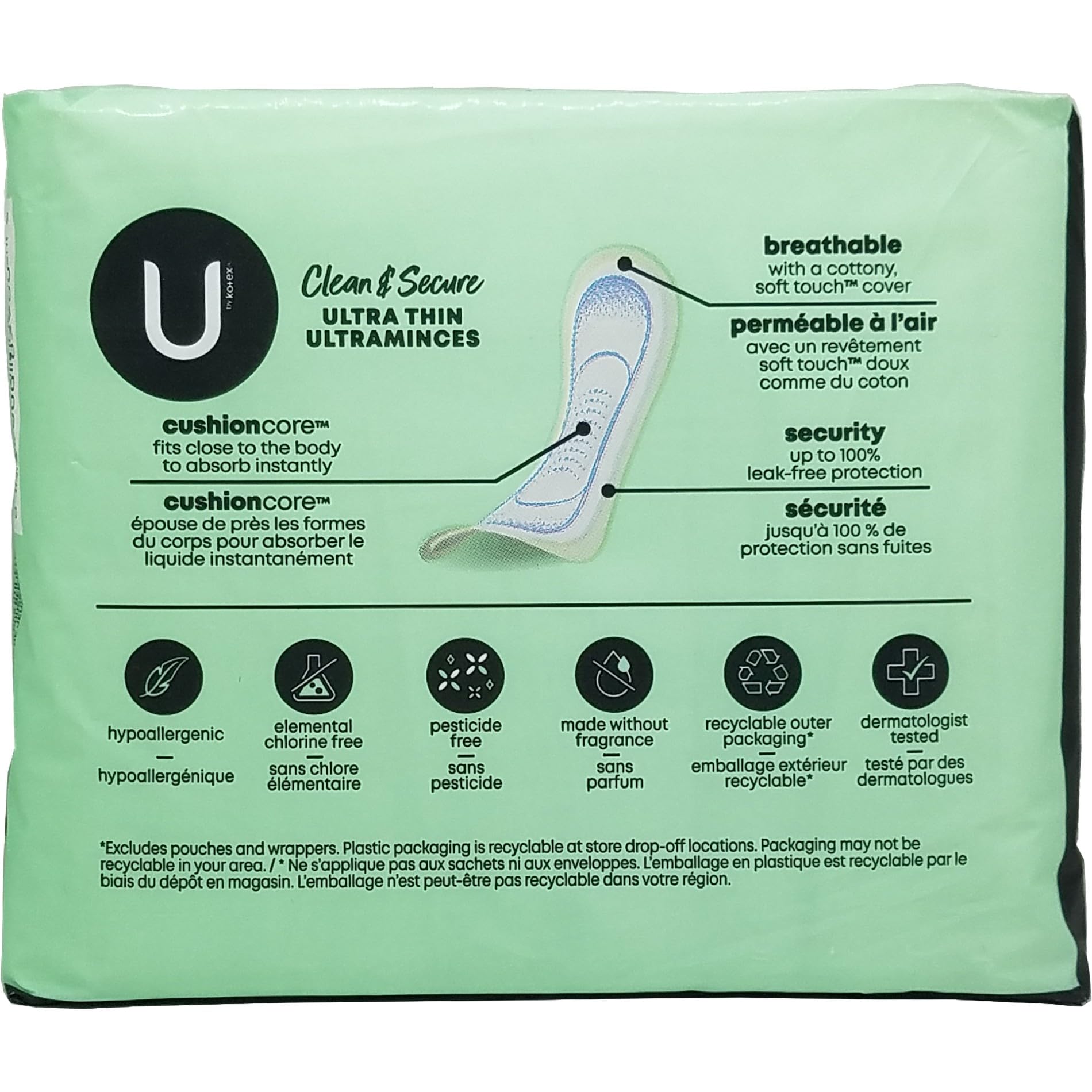 Kotex Security Ultra Thin Pads Long 3D Capture Core ensures secure, comfortable fit.