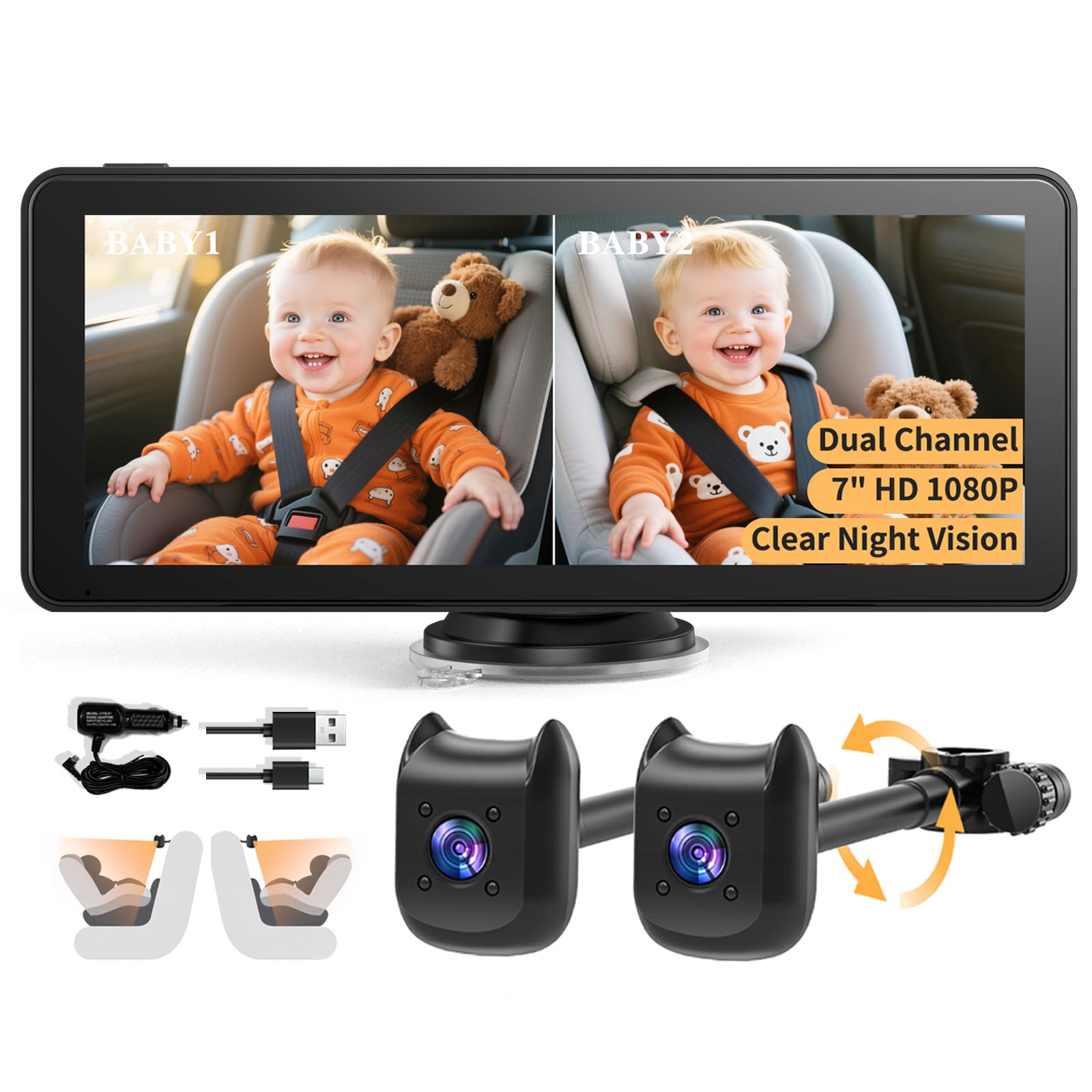 KOUENOM dual car camera monitor with 6-9 inch split screen showing two back-seat views for twins.