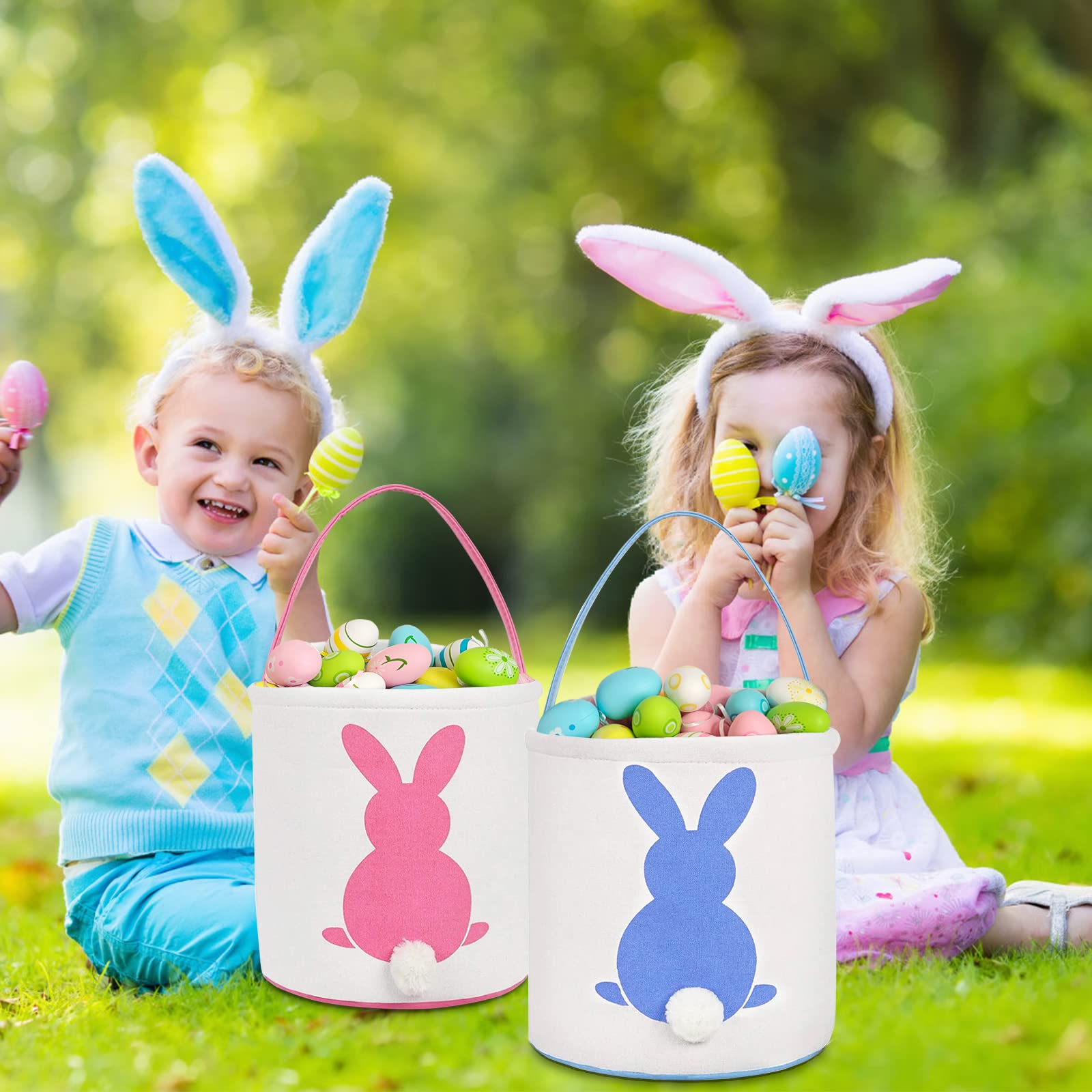 KOUQIYA Easter Bunny Basket outside rabbit logo, cute design for parties.