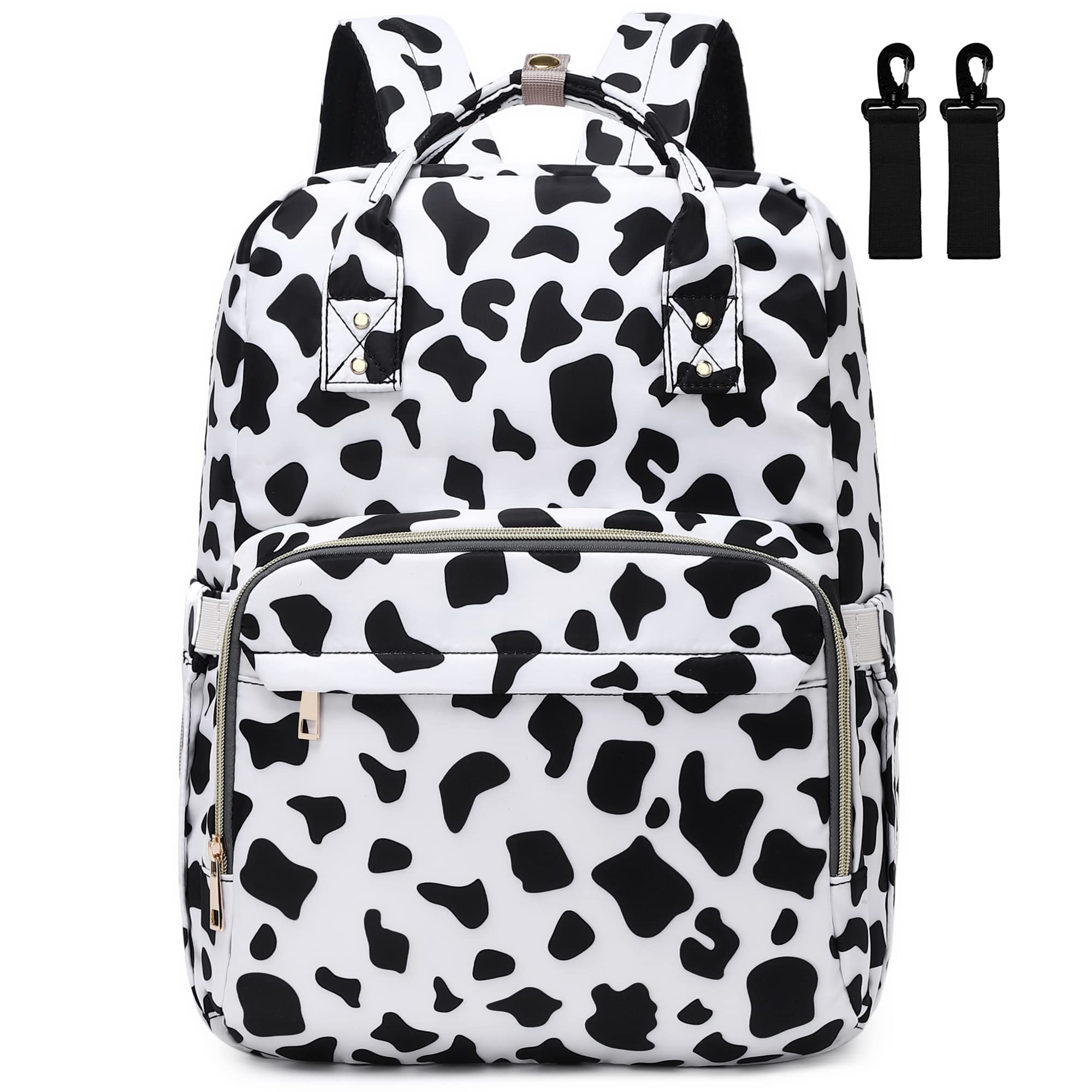 Kouxunt cow print diaper bag backpack with spacious main compartment.