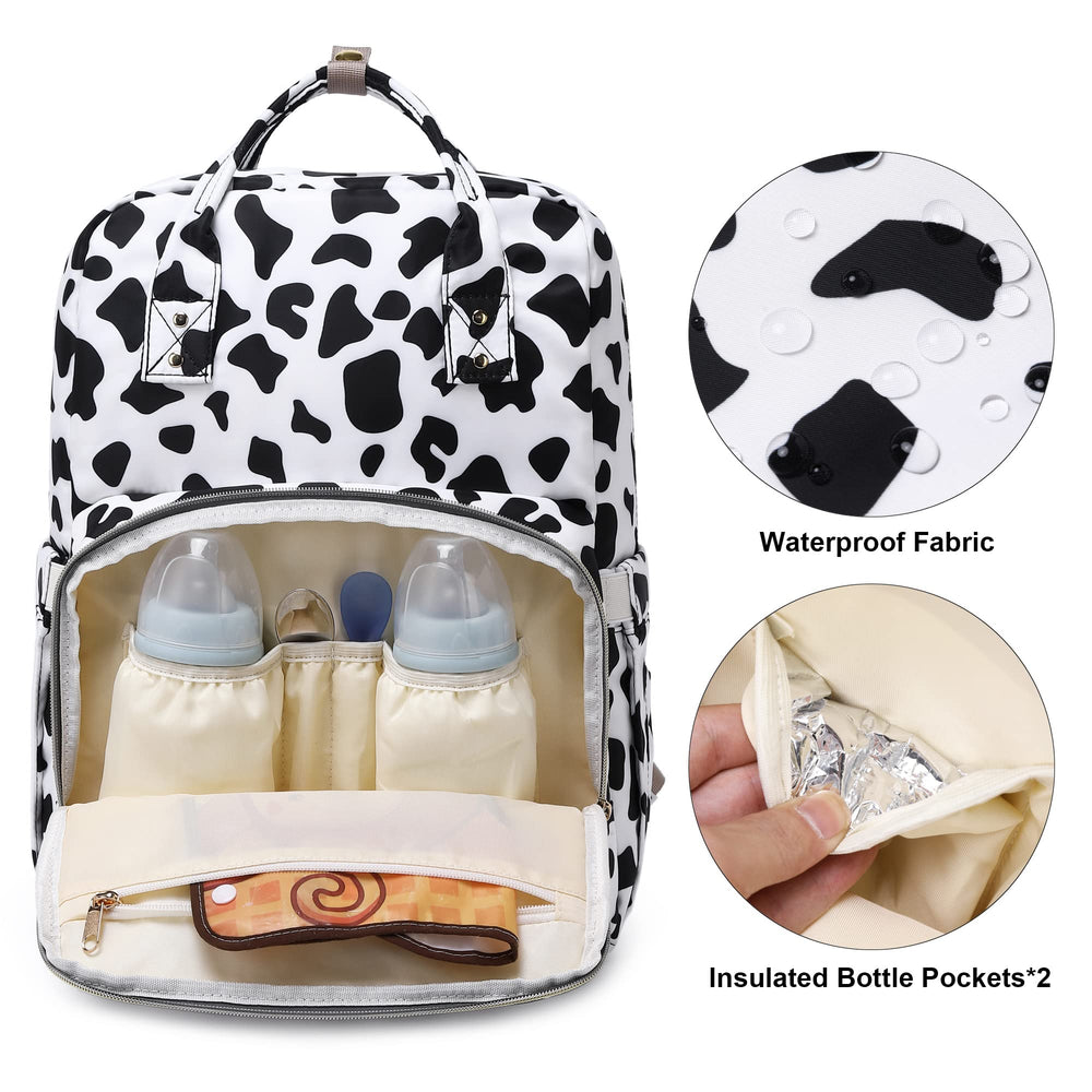 Kouxunt cow print front pocket showing insulated bottle pockets.